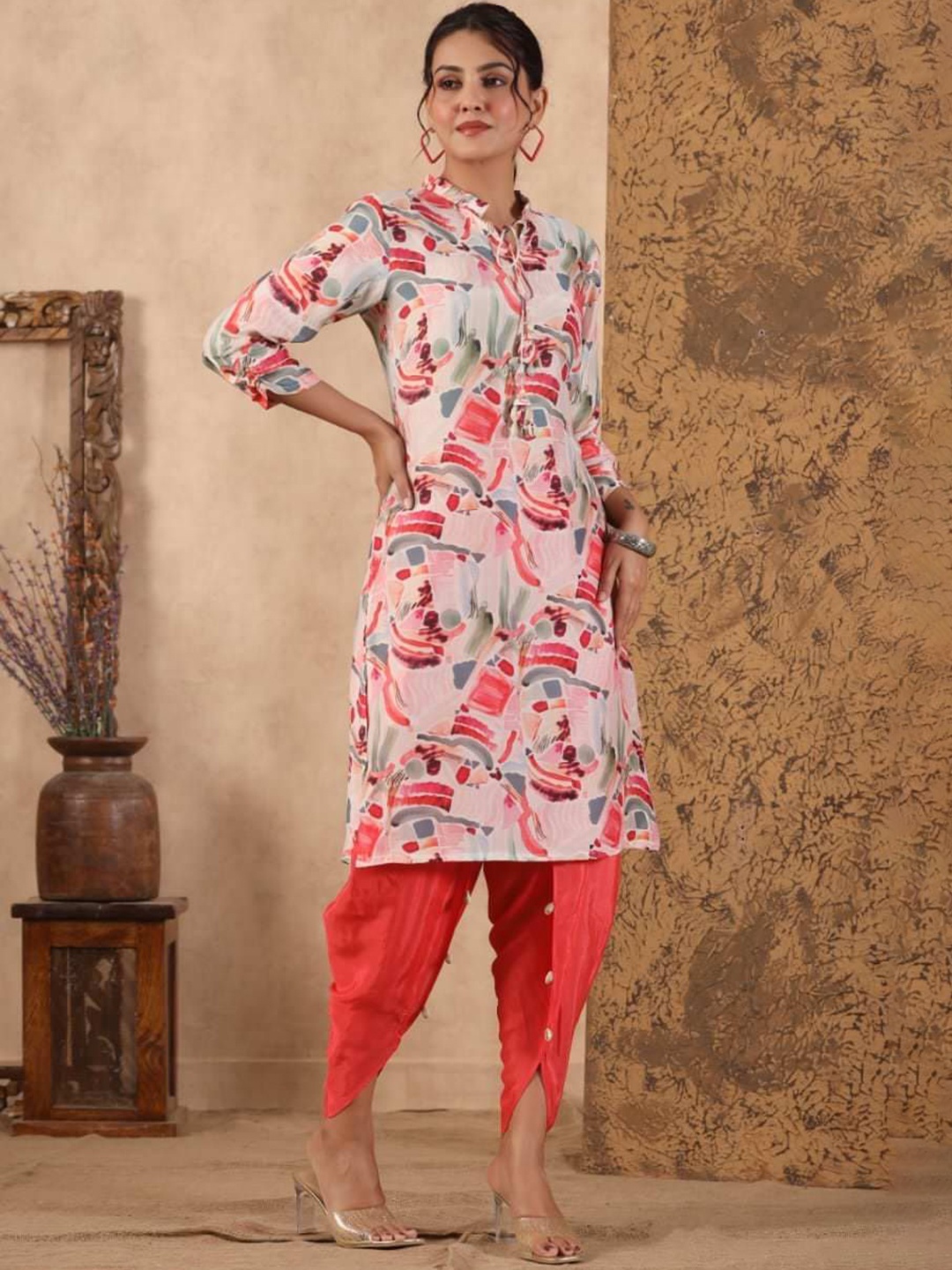 

JISORA Women's Printed Russian Silk Co-ord, Red