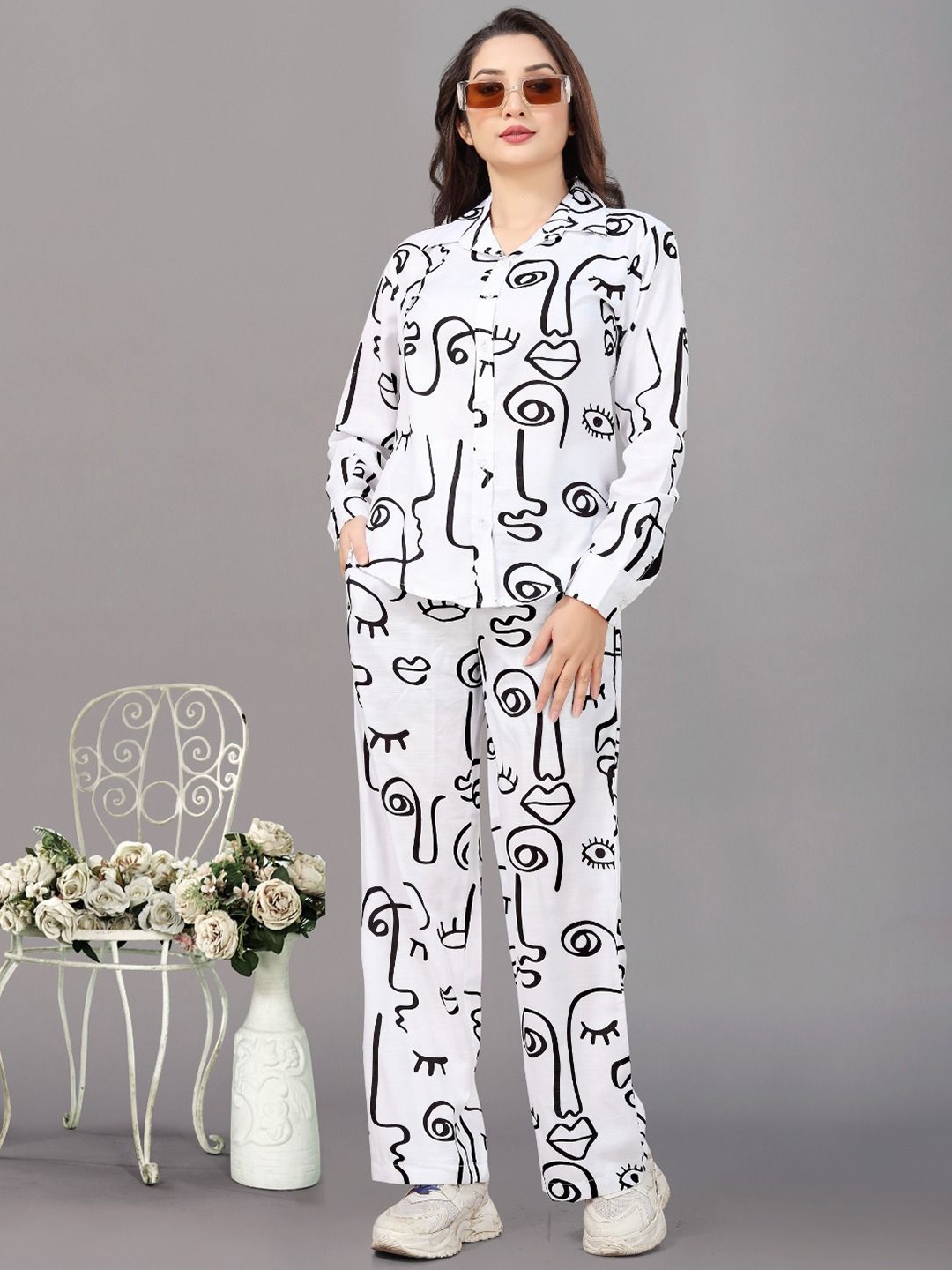 

Snowdrip Printed Shirt Collar Shirt With Trousers Co-Ords, White