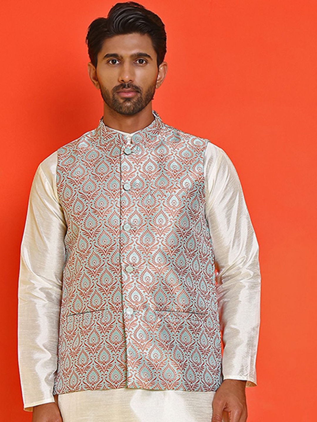 

Anouk Printed Woven Nehru Jacket, Green