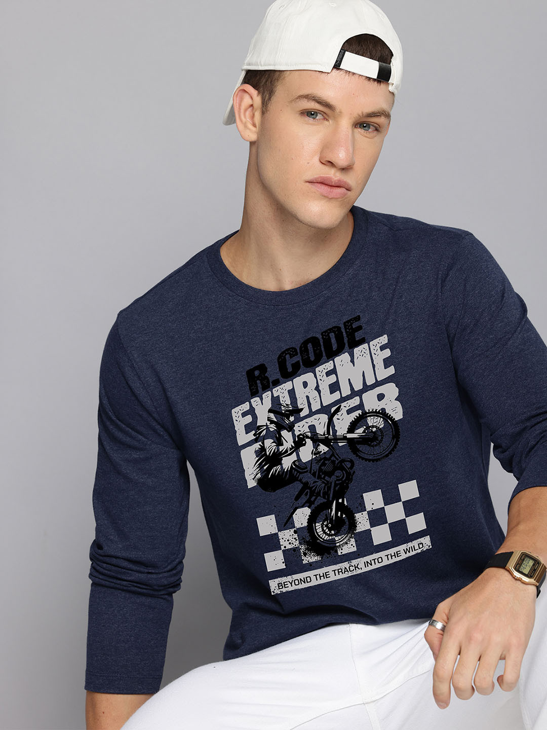 

R.Code by The Roadster Life Co. Men Typography Printed Drop-Shoulder Sleeves Pockets T-shirt, Navy blue