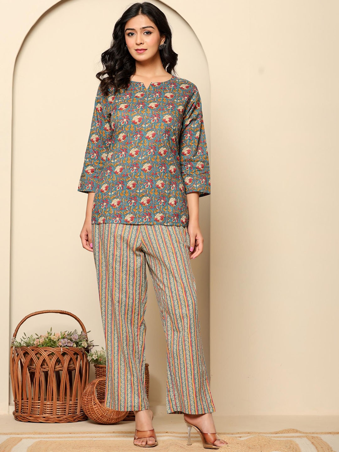 

Rouhab Floral Printed Cotton Top With Trousers Co-Ords, Green