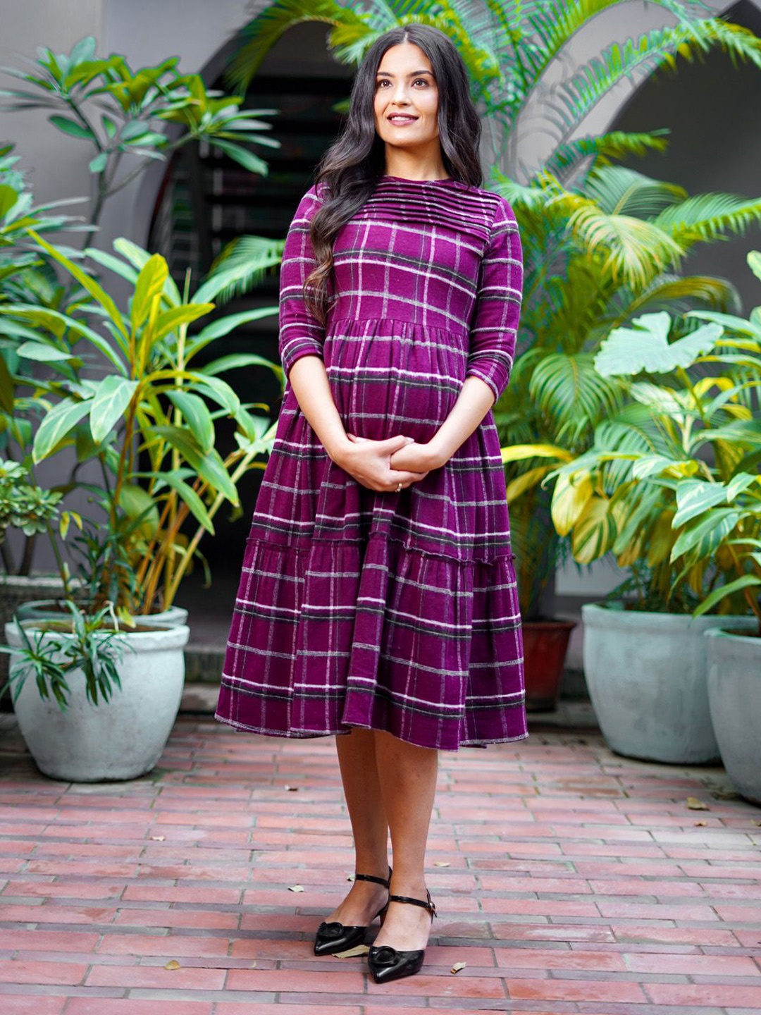 

Shades of Sabi Checked Maternity Fit & Flare Dress, Burgundy