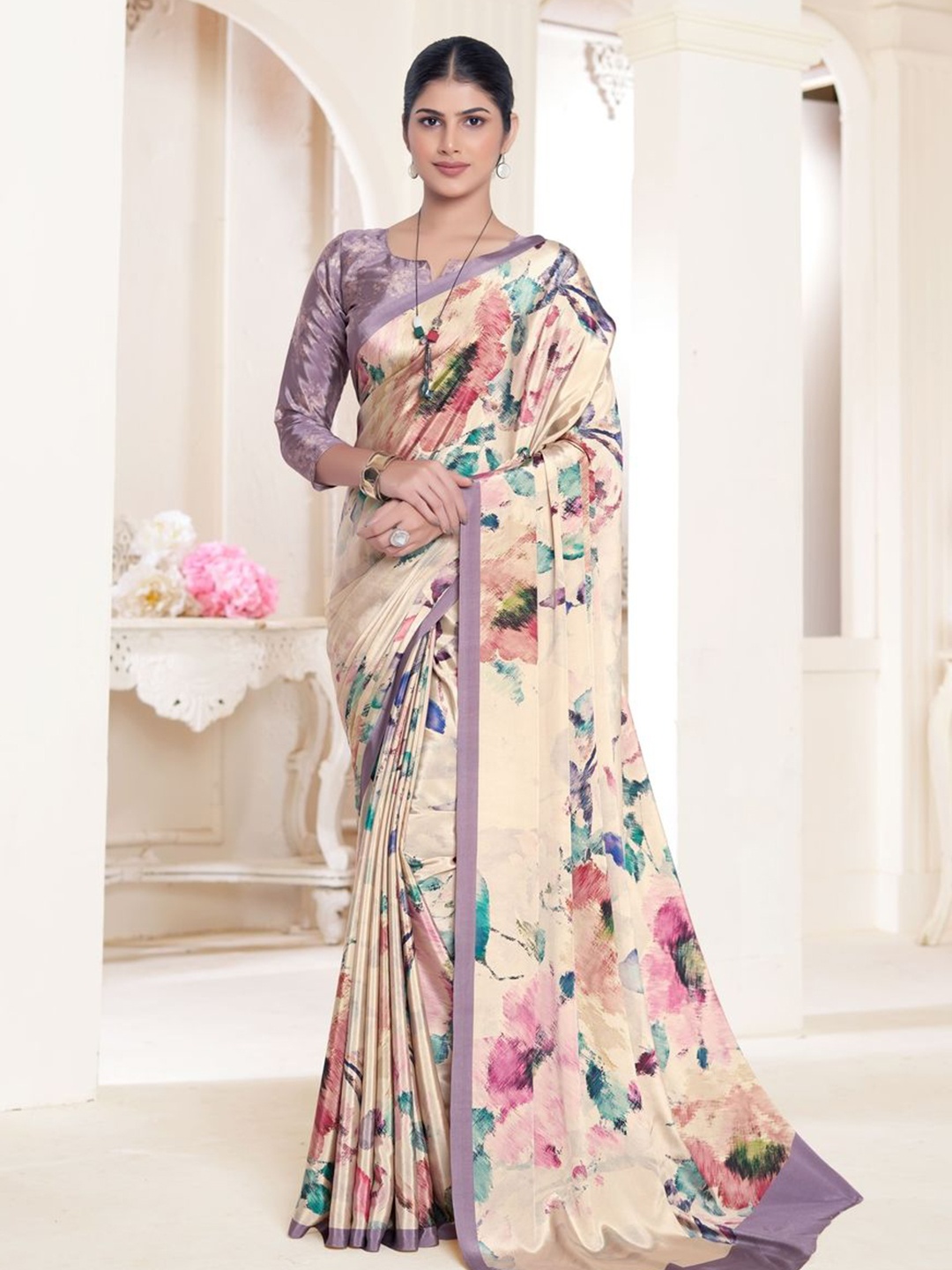 

Suha Floral Poly Crepe Saree, Beige