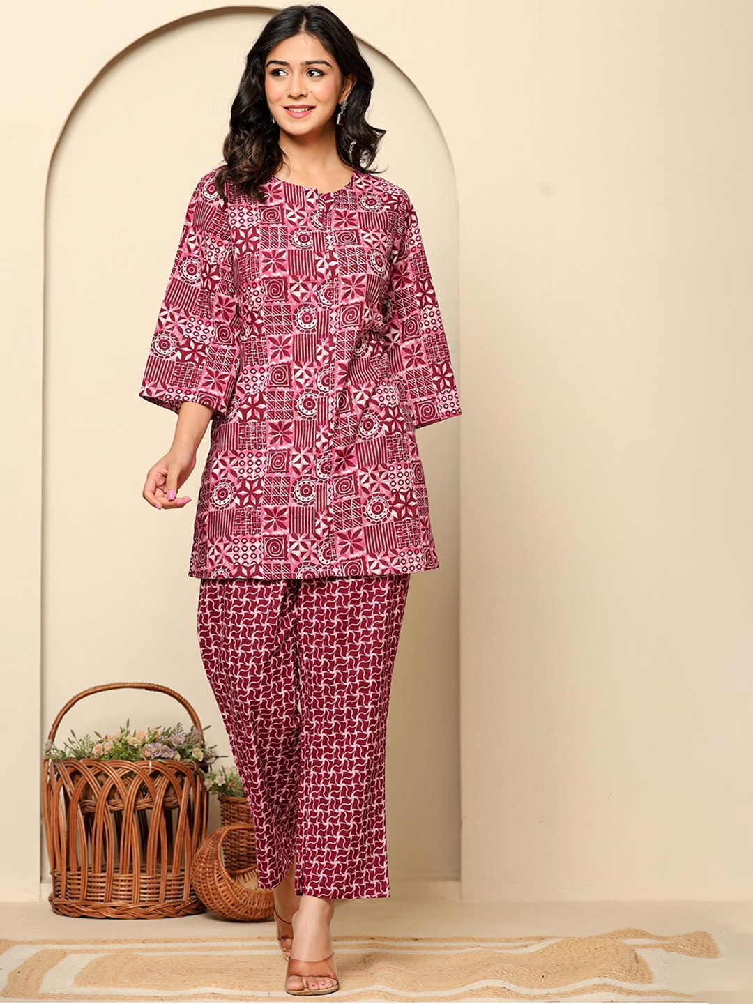 

Ragavi Printed Pure Cotton Round Neck Top With Trousers Co-Ords, Maroon