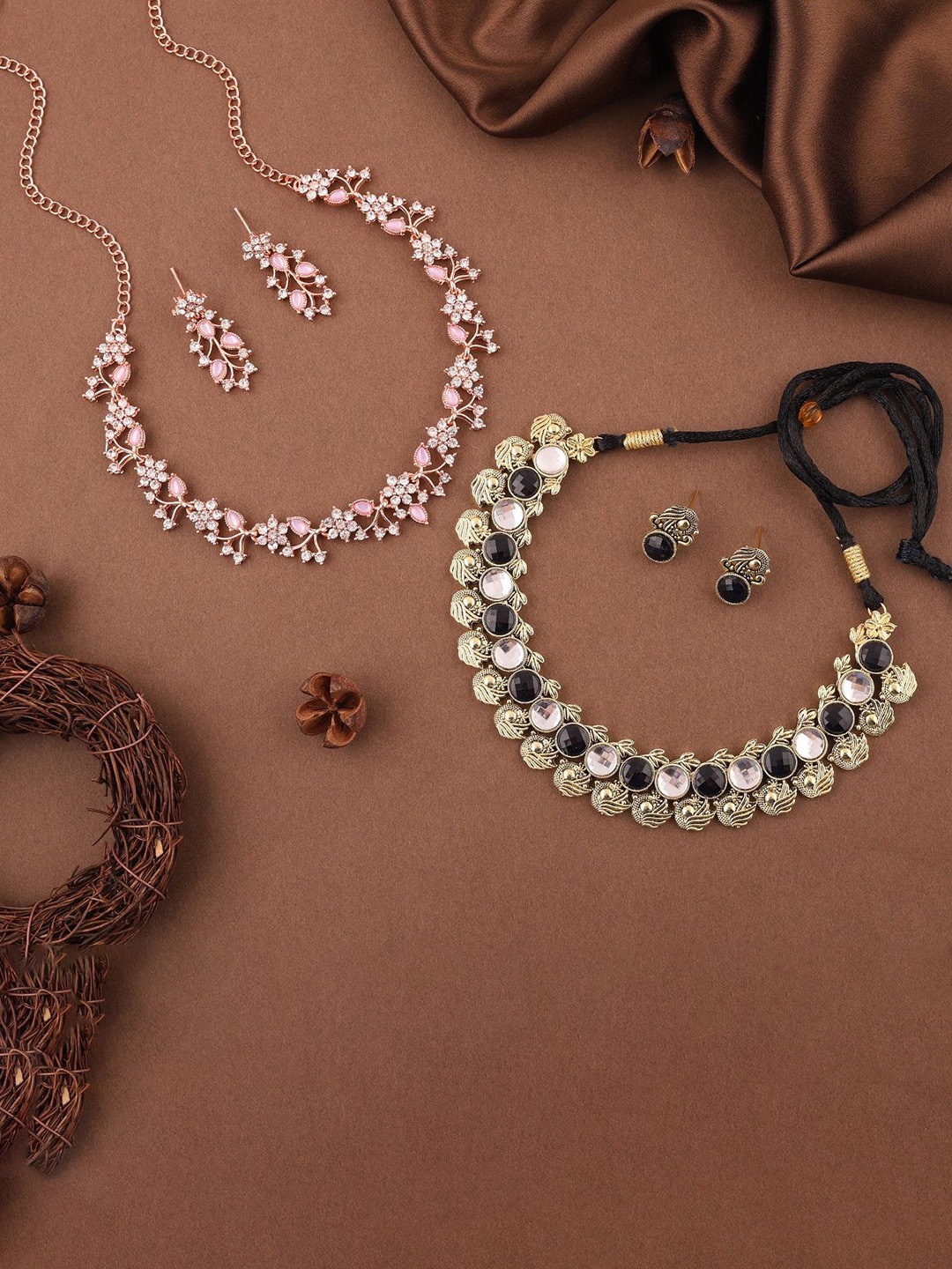 

Lyriss Set Of 2 Gold & Rose Gold Plated AD Stone Studded Jewellery Sets