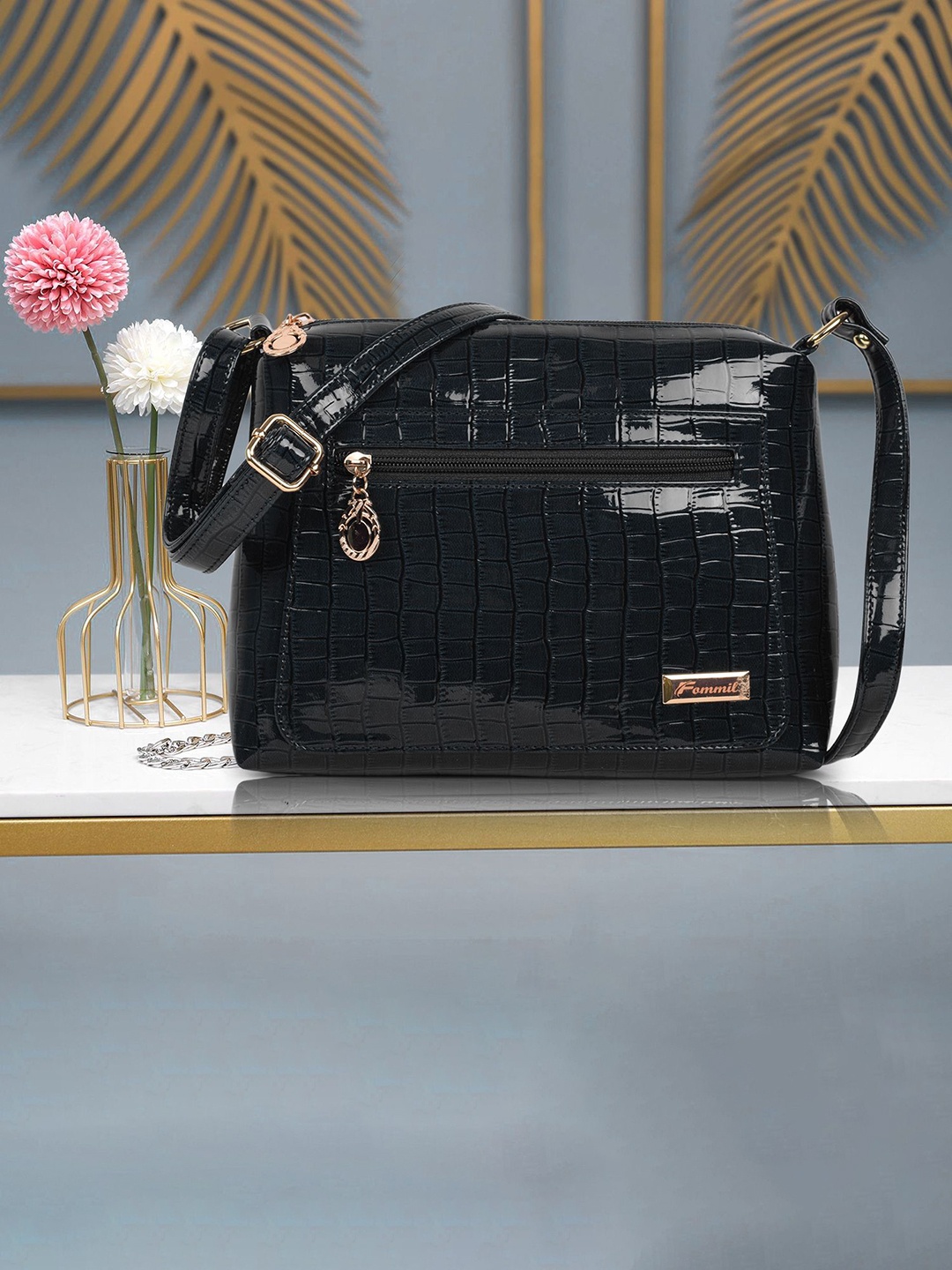 

FOMMIL Structured Sling Bag with Tasselled, Black