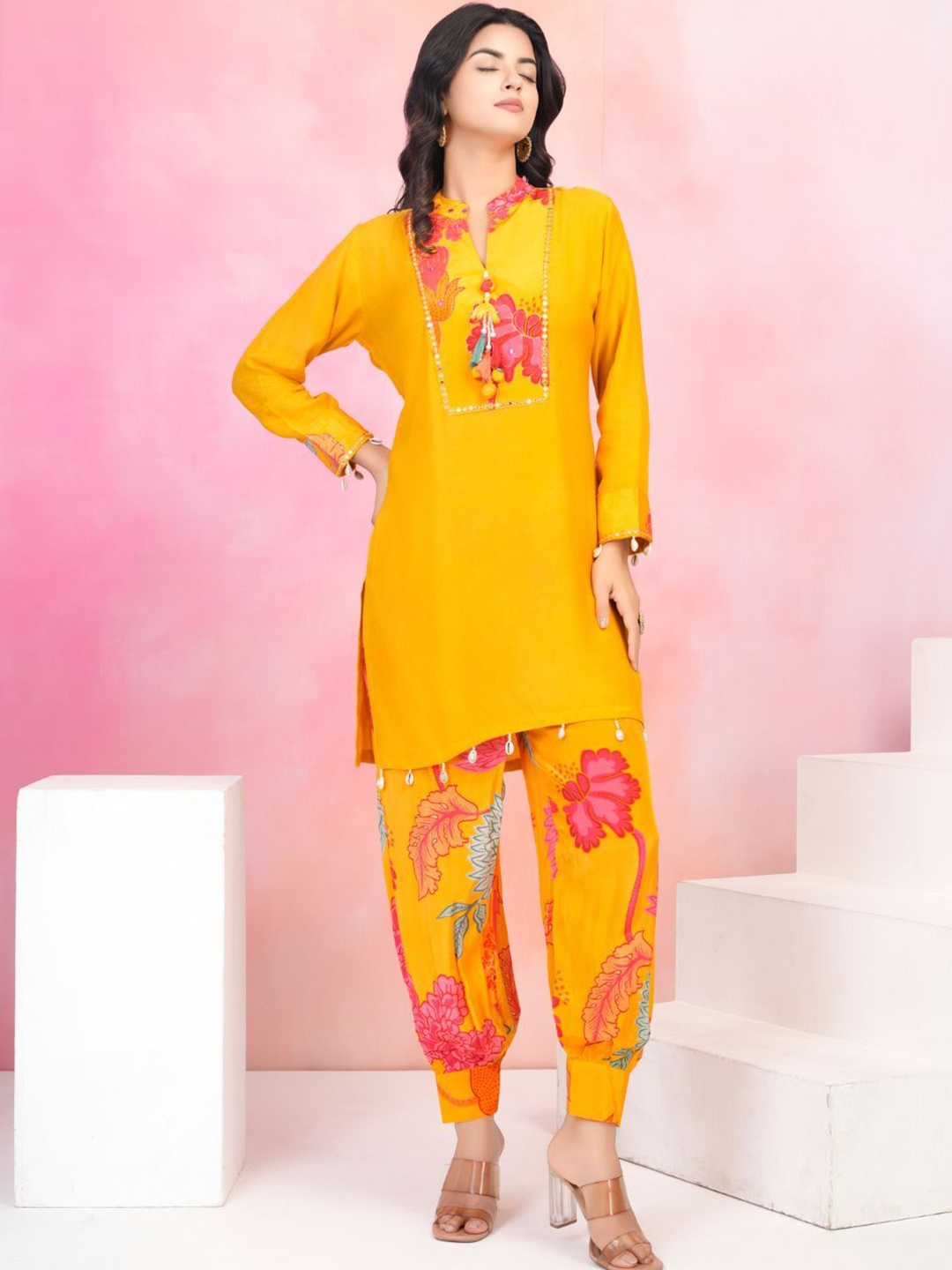 

Kaftanize Floral Printed Top With Trousers Co-Ords, Yellow