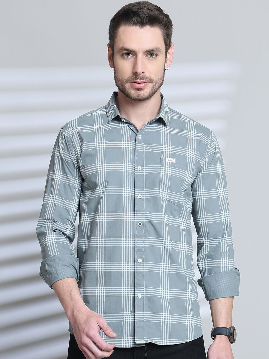 

Majestic Man Men Comfort Slim Fit Opaque Checked Casual Shirt, Grey