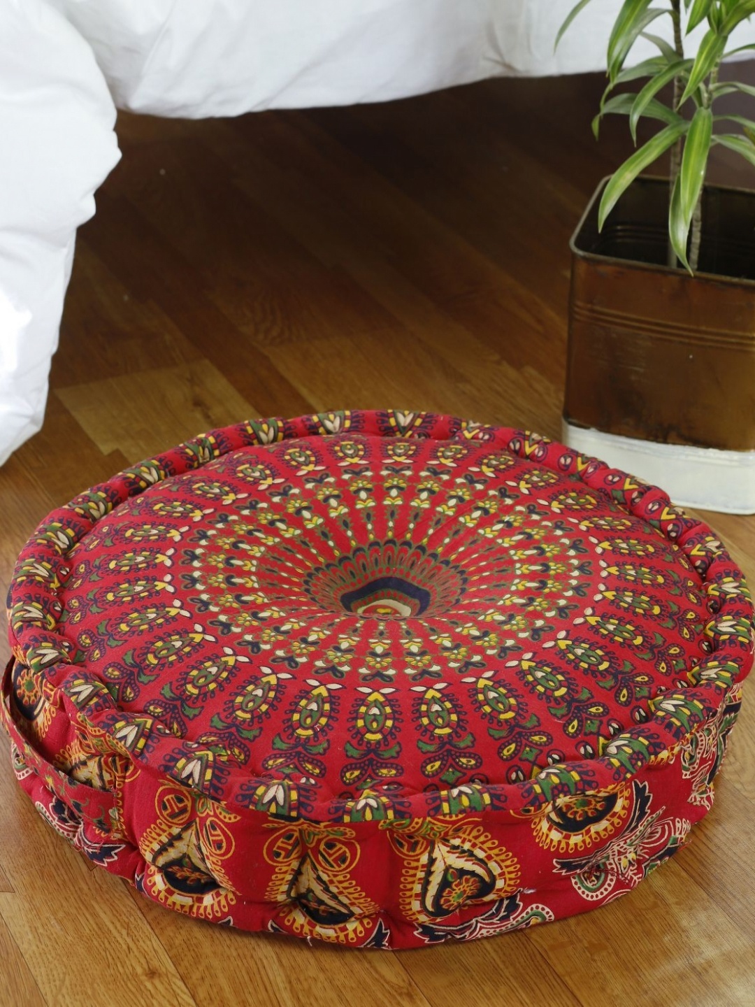 

HANDICRAFT PALACE Red & Yellow Mandala Printed Round Pure Cotton Floor Cushion