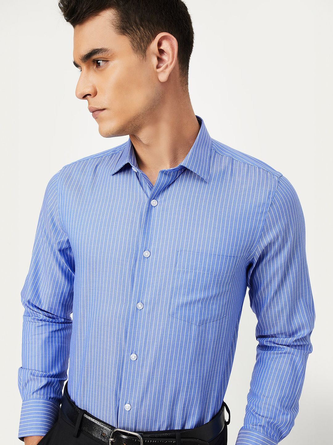 

max Men Opaque Striped Casual Shirt, Blue