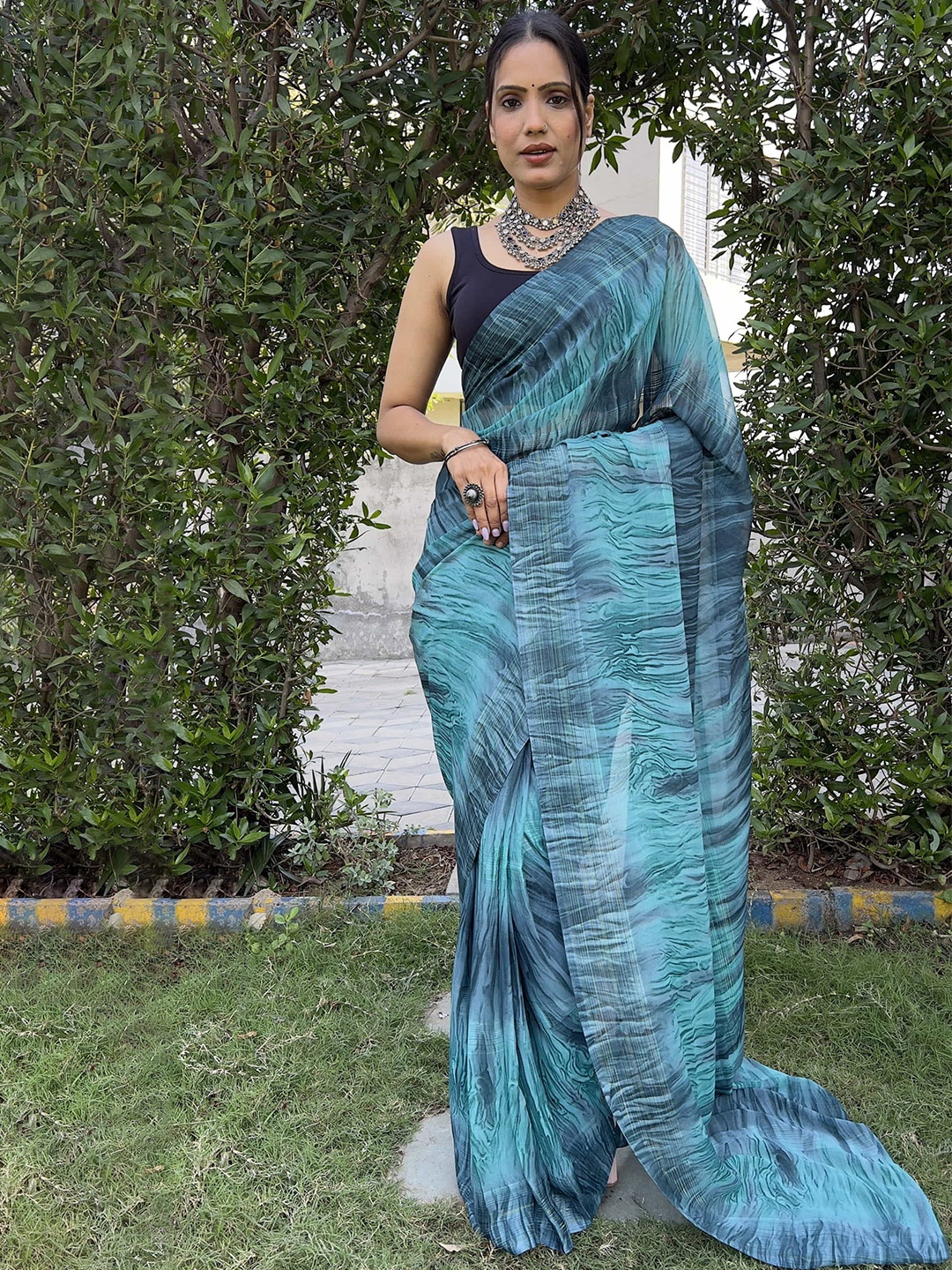 

HERE&NOW Pure Chiffon Jamdani Saree, Blue