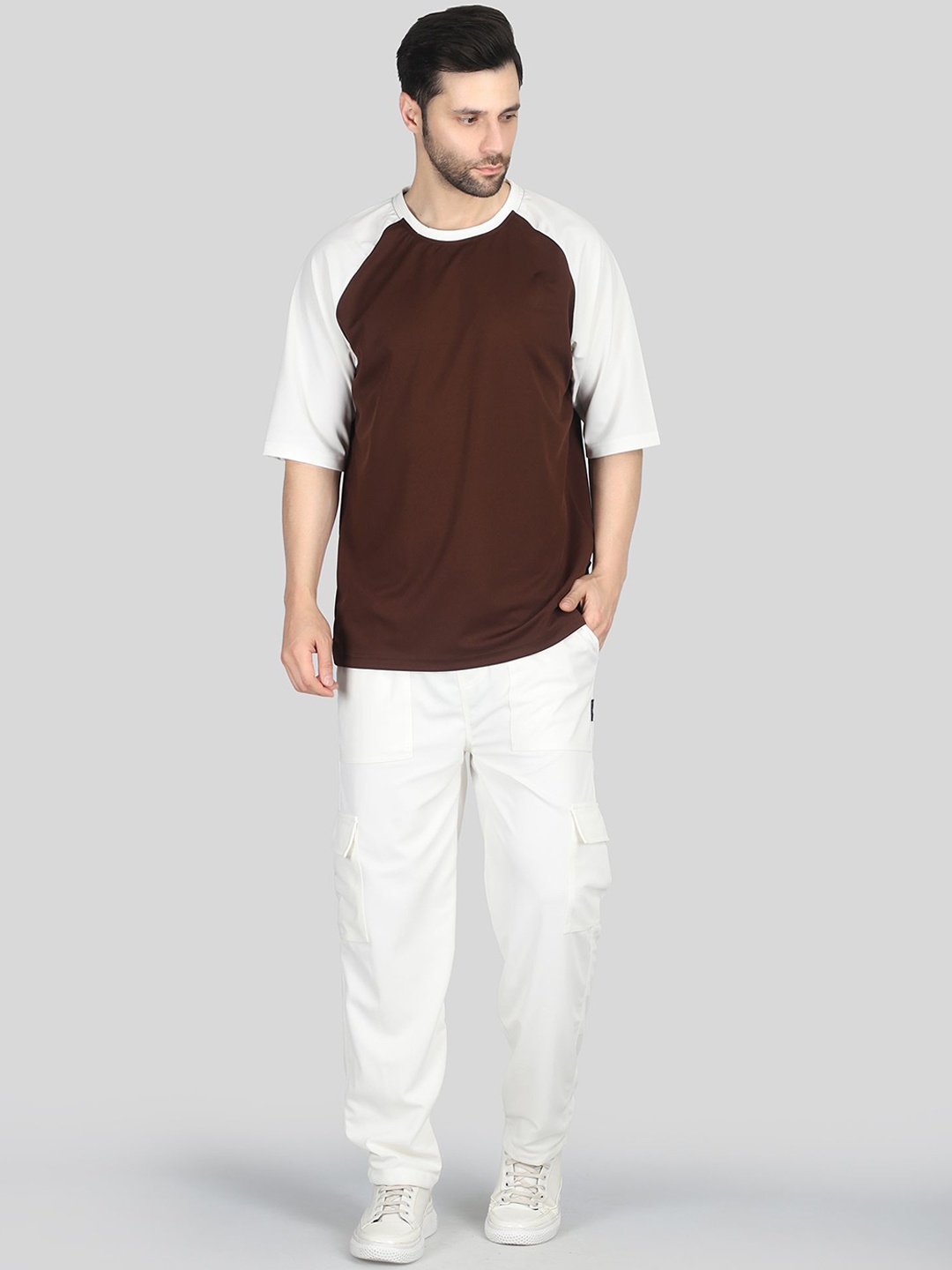 

Athleisure Korean Outfits for Men T-Shirt & Cargo Jogger Co Ord, Brown