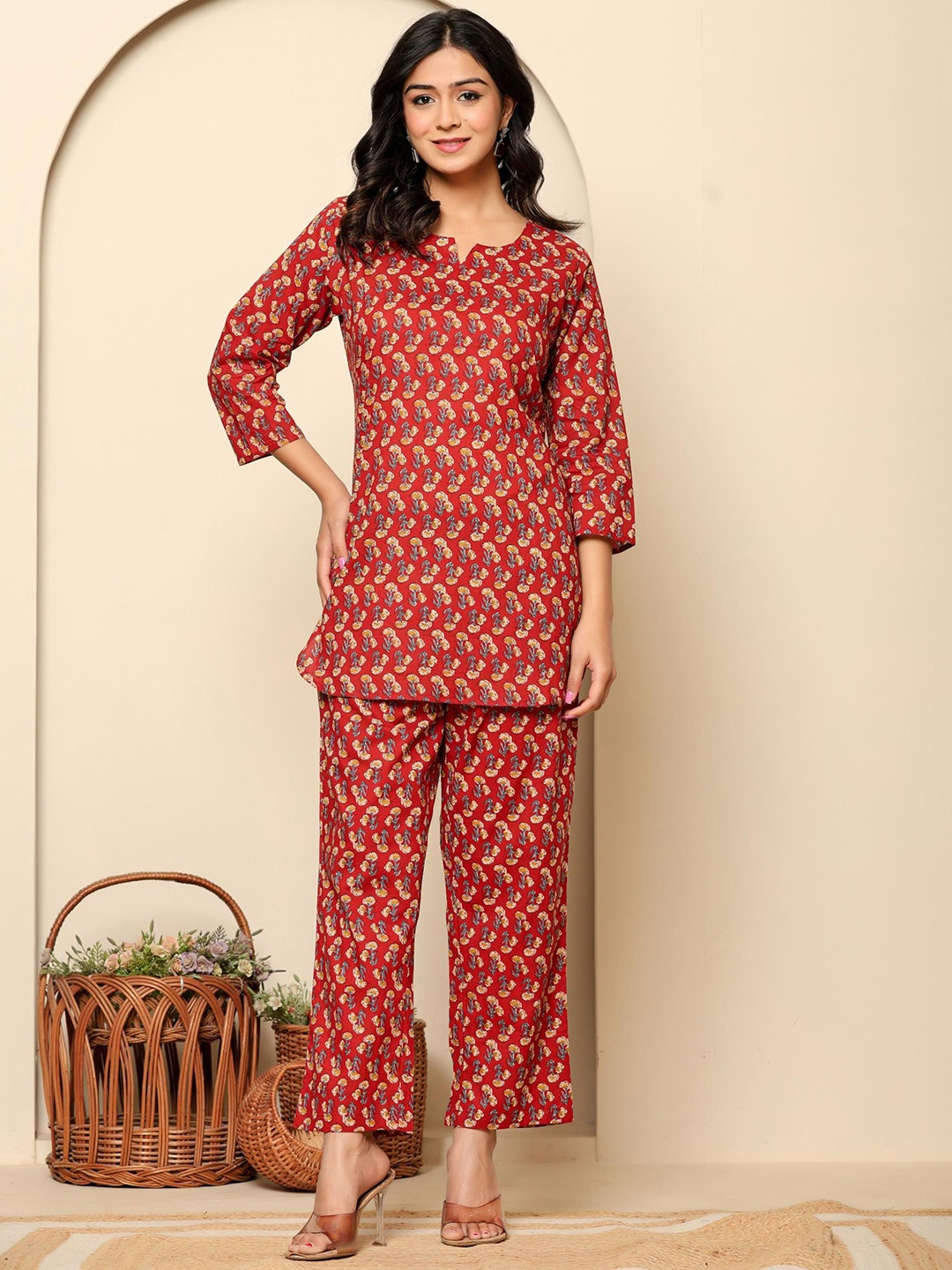 

Ragavi Printed Round Neck Top With Trousers Co-Ords, Red