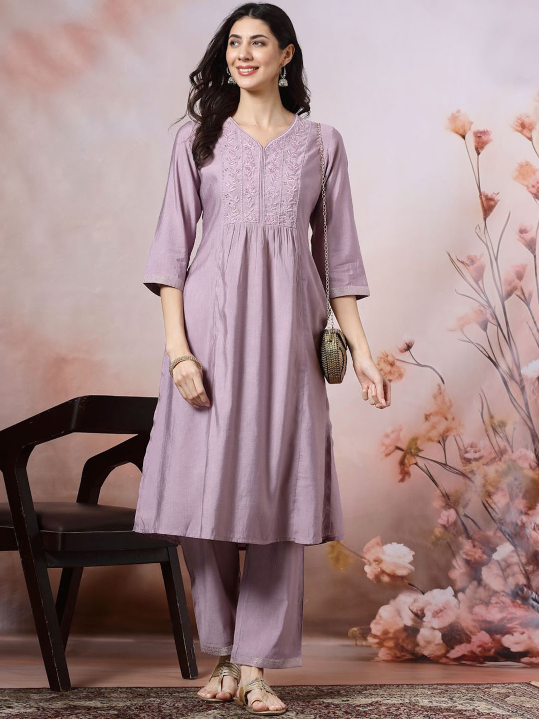 

Nayam By Lakshita Women Floral Yoke Design Pleated Thread Work Kurta with Palazzos, Lavender