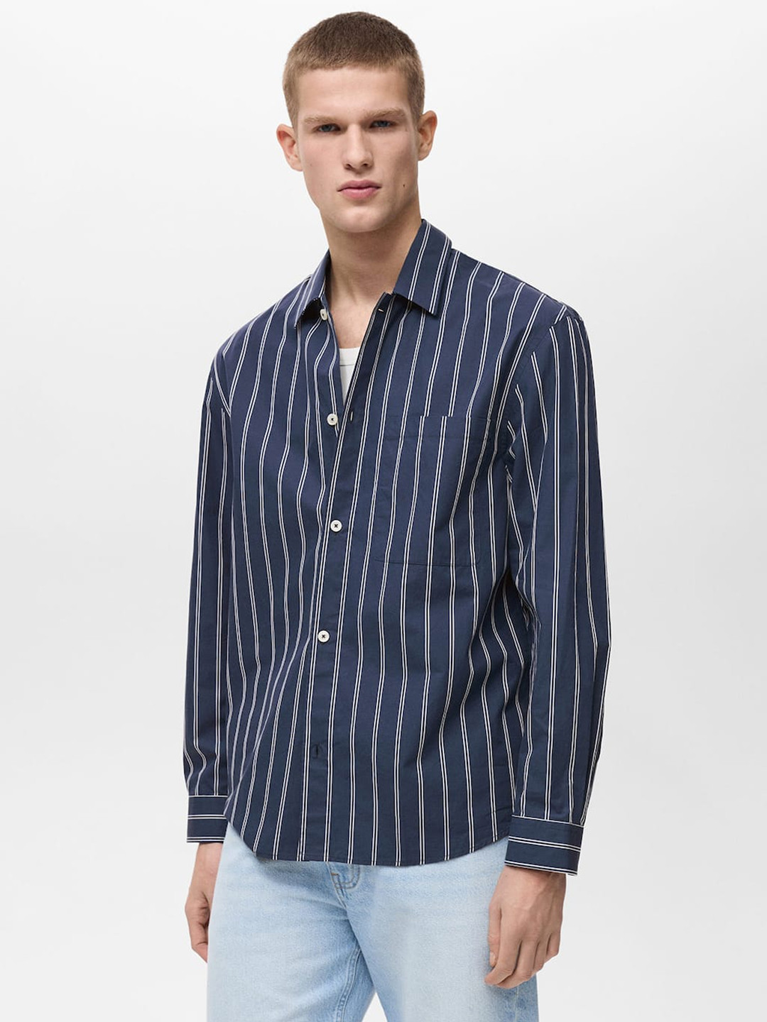 

MANGO MAN Striped Pure Cotton Shirt, Navy blue