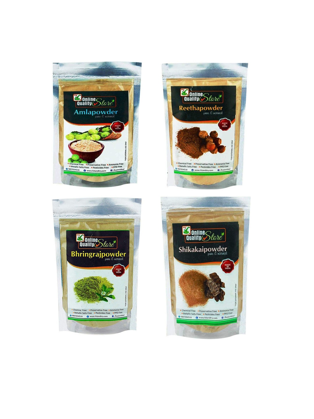 

Online Quality Store Set Of 4 Organic Amla Reetha Shikakai &Bhringraj Powder - 350g Each, Beige
