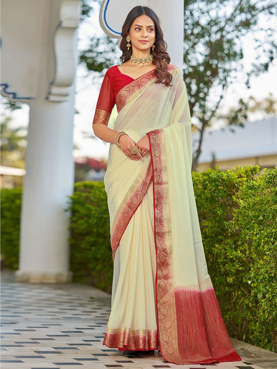 

all about you Zari Silk Blend Patola Saree, Off white