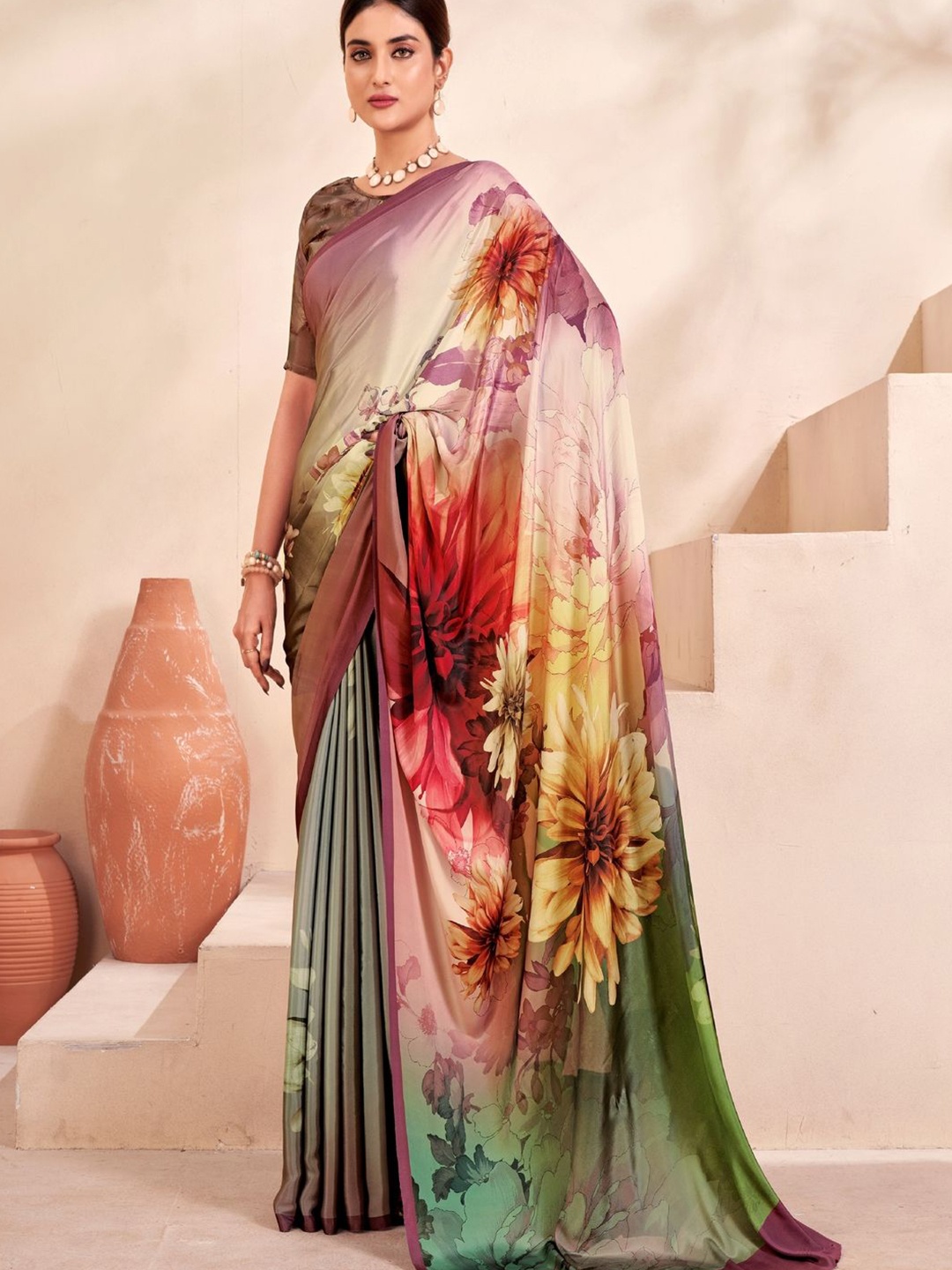 

Suha Floral Poly Crepe Saree, Pink