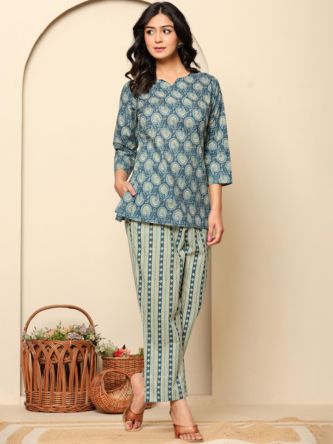 

Rouhab Printed Pure Cotton Round Neck Top With Trousers Co-Ords Set, Blue