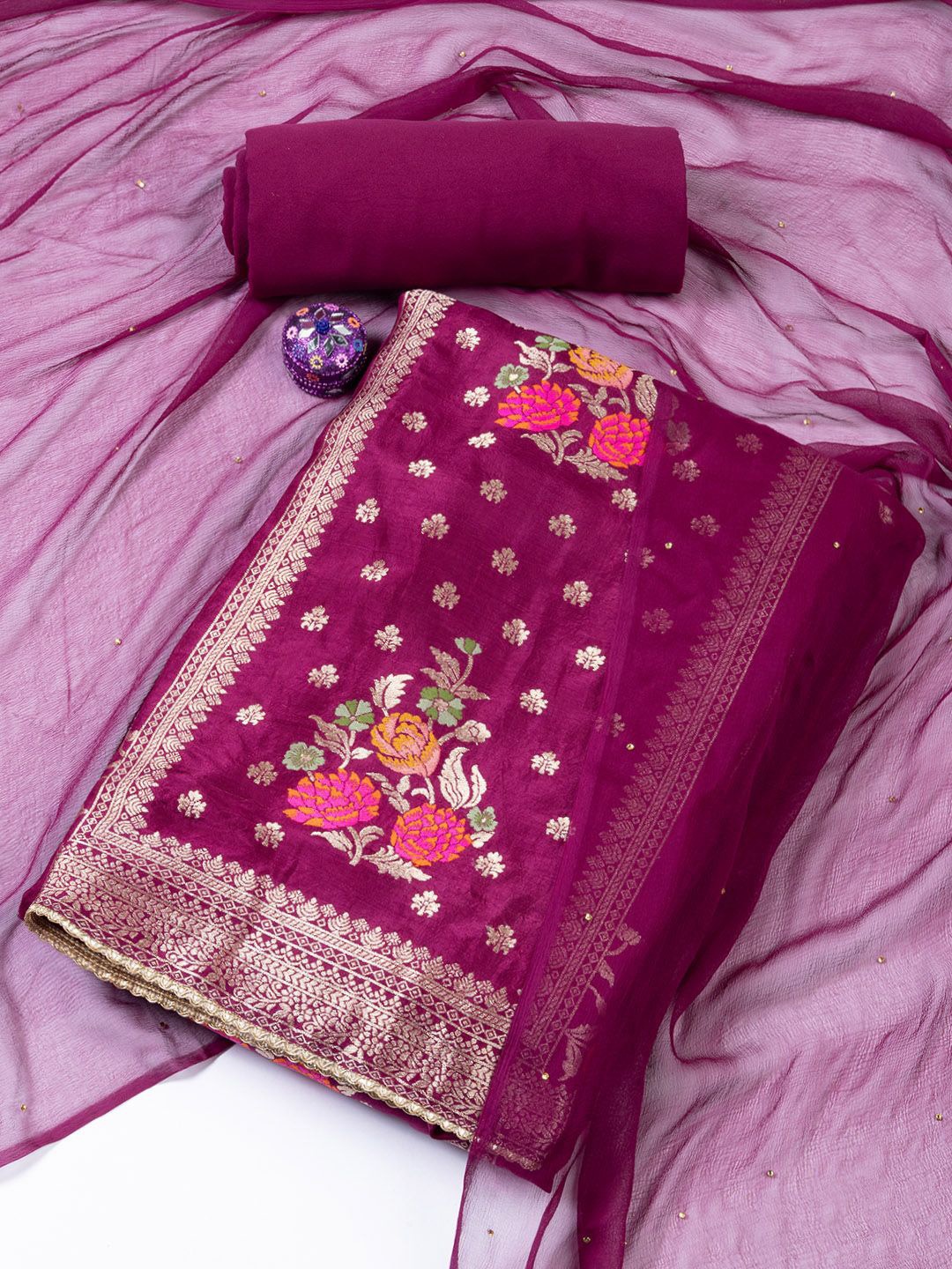 

Meena Bazaar Art Silk Unstitched Dress Material, Burgundy