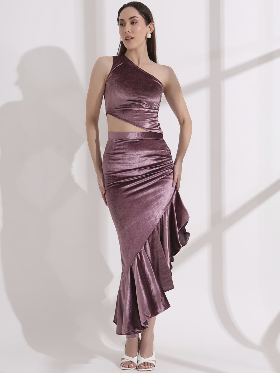 

Salvia Sky One Shoulder Neck Asymmetric Ruffle Skirt and Top Co-Ords, Purple