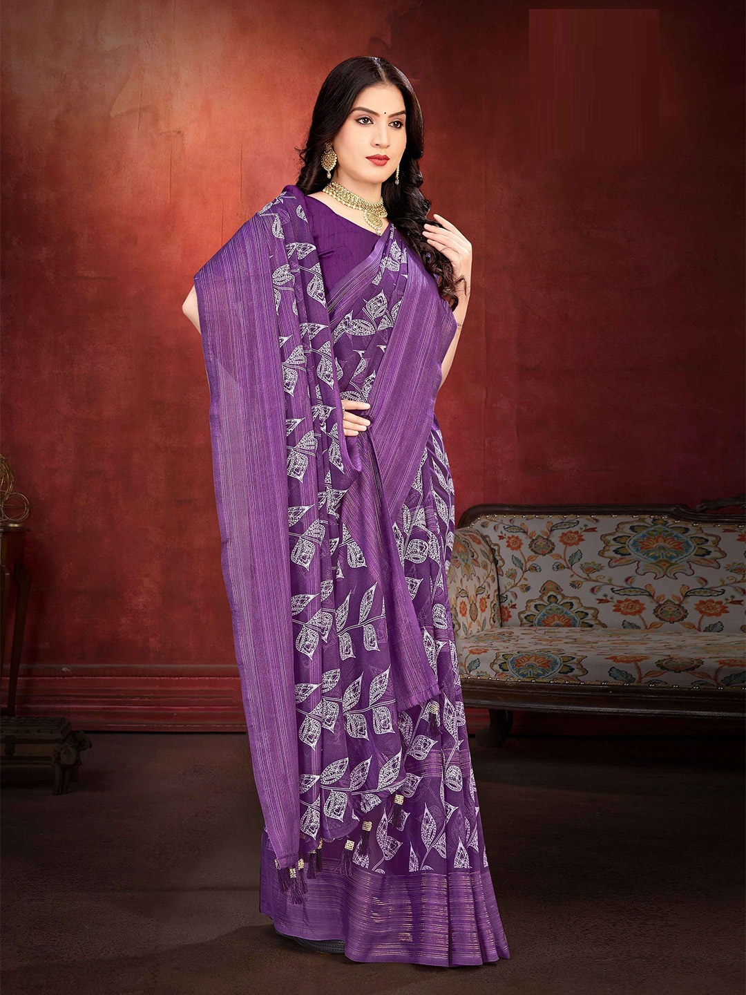 

MAHALASA Floral Pure Georgette Saree, Lavender
