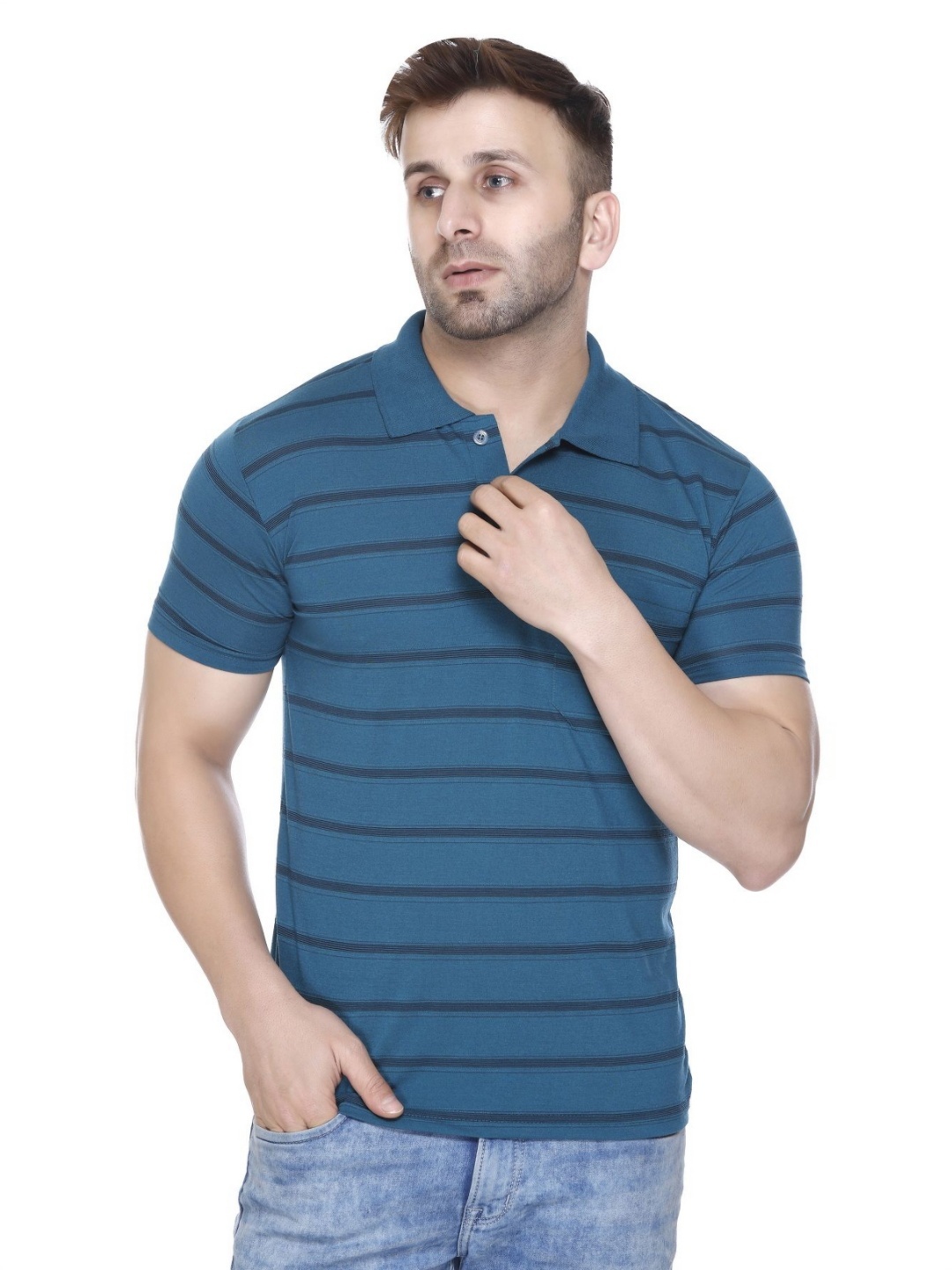 

Yoorix Men Striped Polo Collar T-shirt, Blue