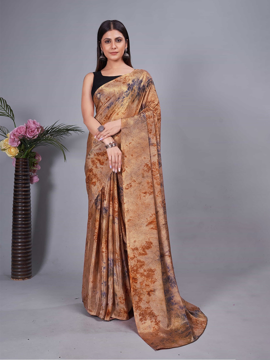 

HERE&NOW Tie and Dye Pure Chiffon Ready to Wear Saree, Brown