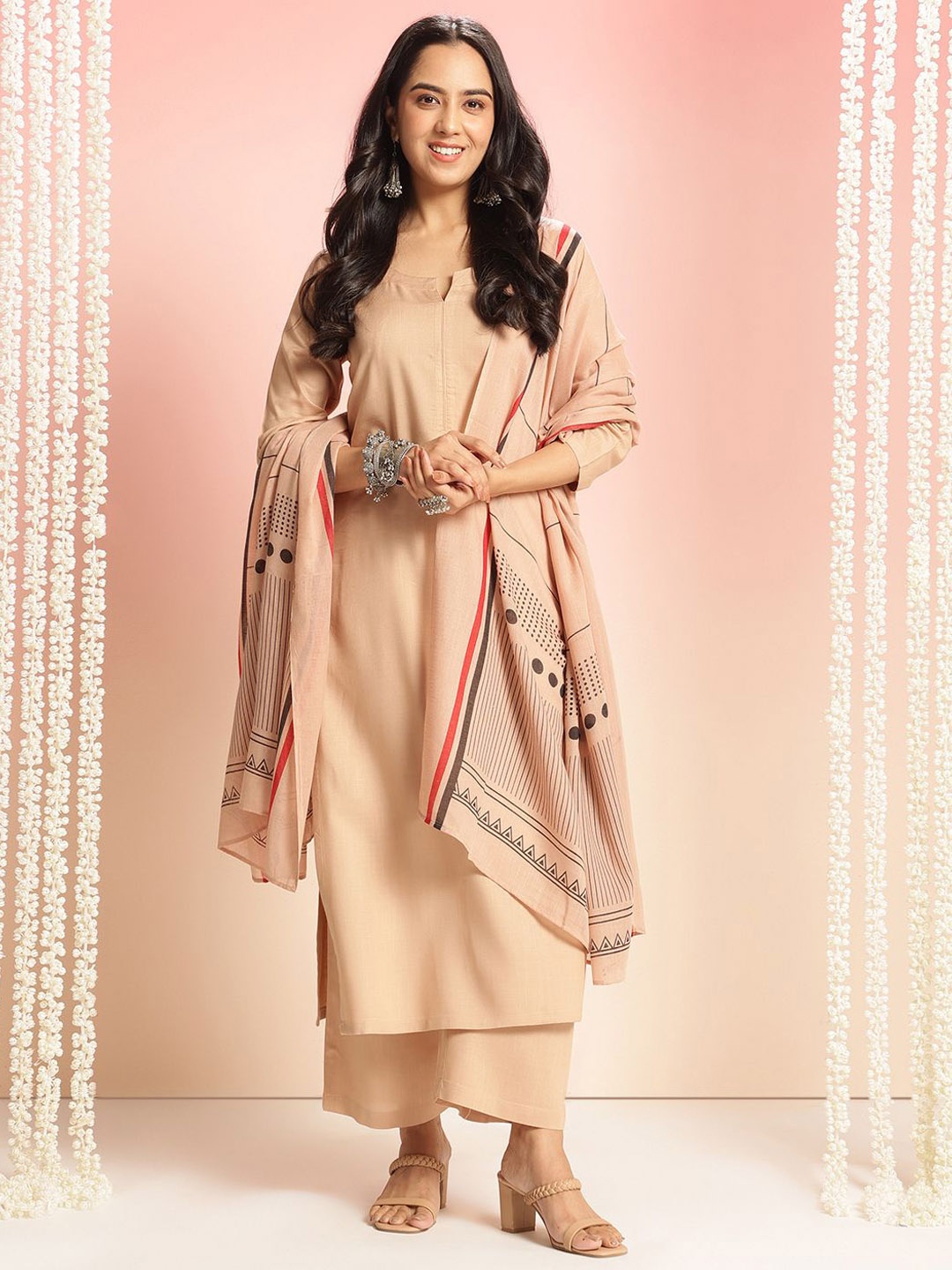 

KALINI Women Regular Kurta with Palazzos & With Dupatta, Beige