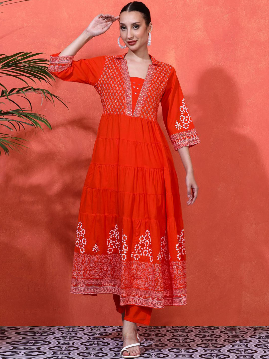 

Sangria Embroidered Pure Cotton A-Line Kurta & Trousers Sets, Orange