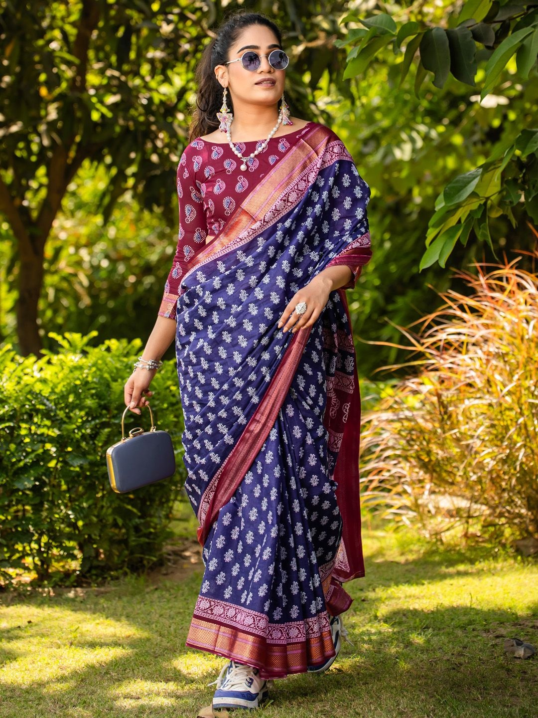 

KALINI Ethnic Motifs Zari Bagh Saree, Navy blue