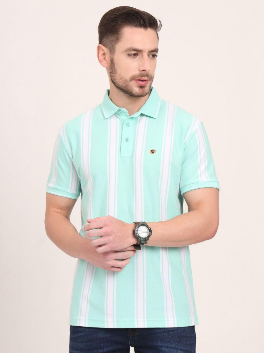 

JADE BLUE Men Striped Polo Collar Pockets Slim Fit T-shirt, Multi