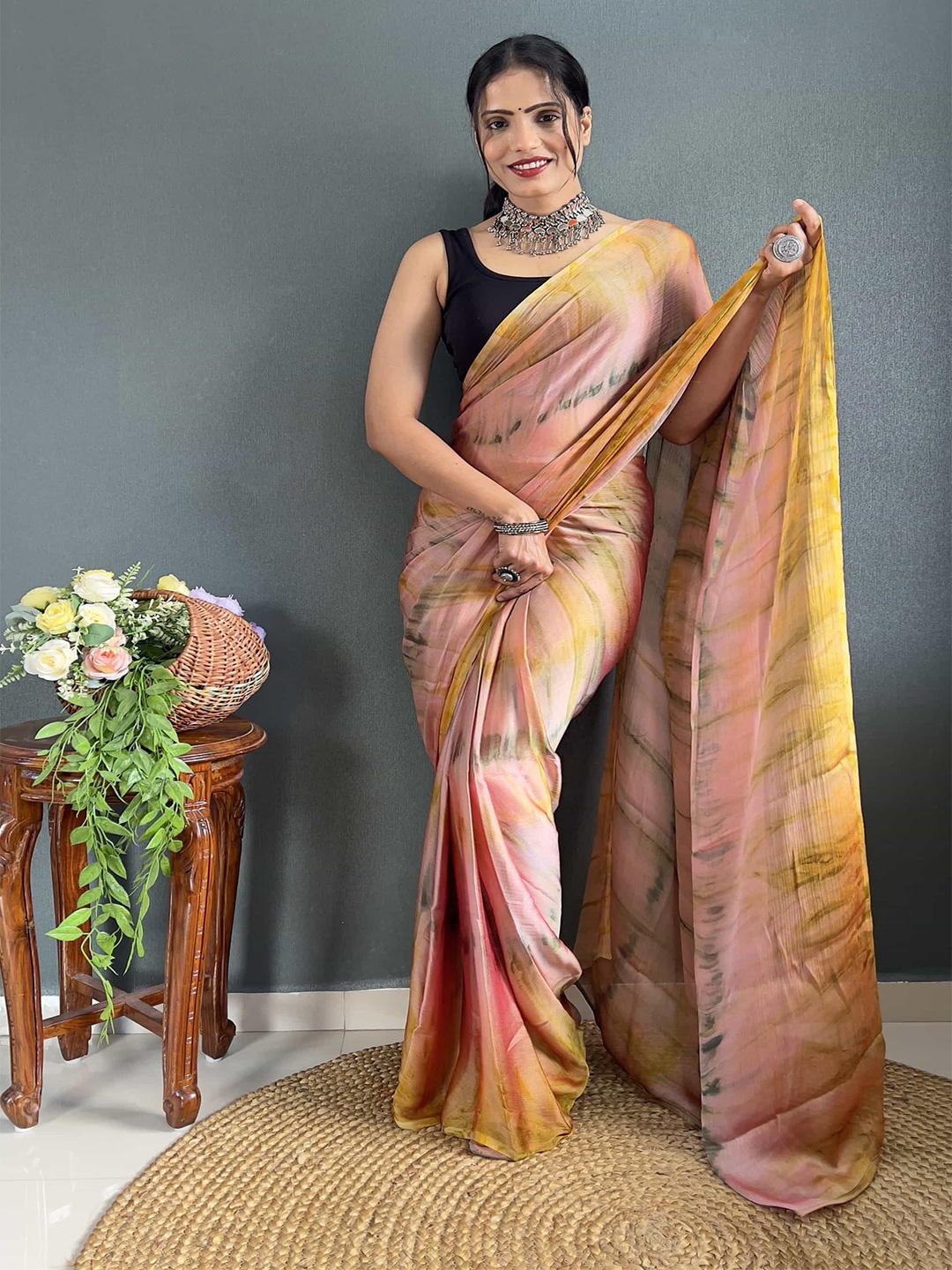

HERE&NOW Tie and Dye Pure Chiffon Ready to Wear Saree, Brown