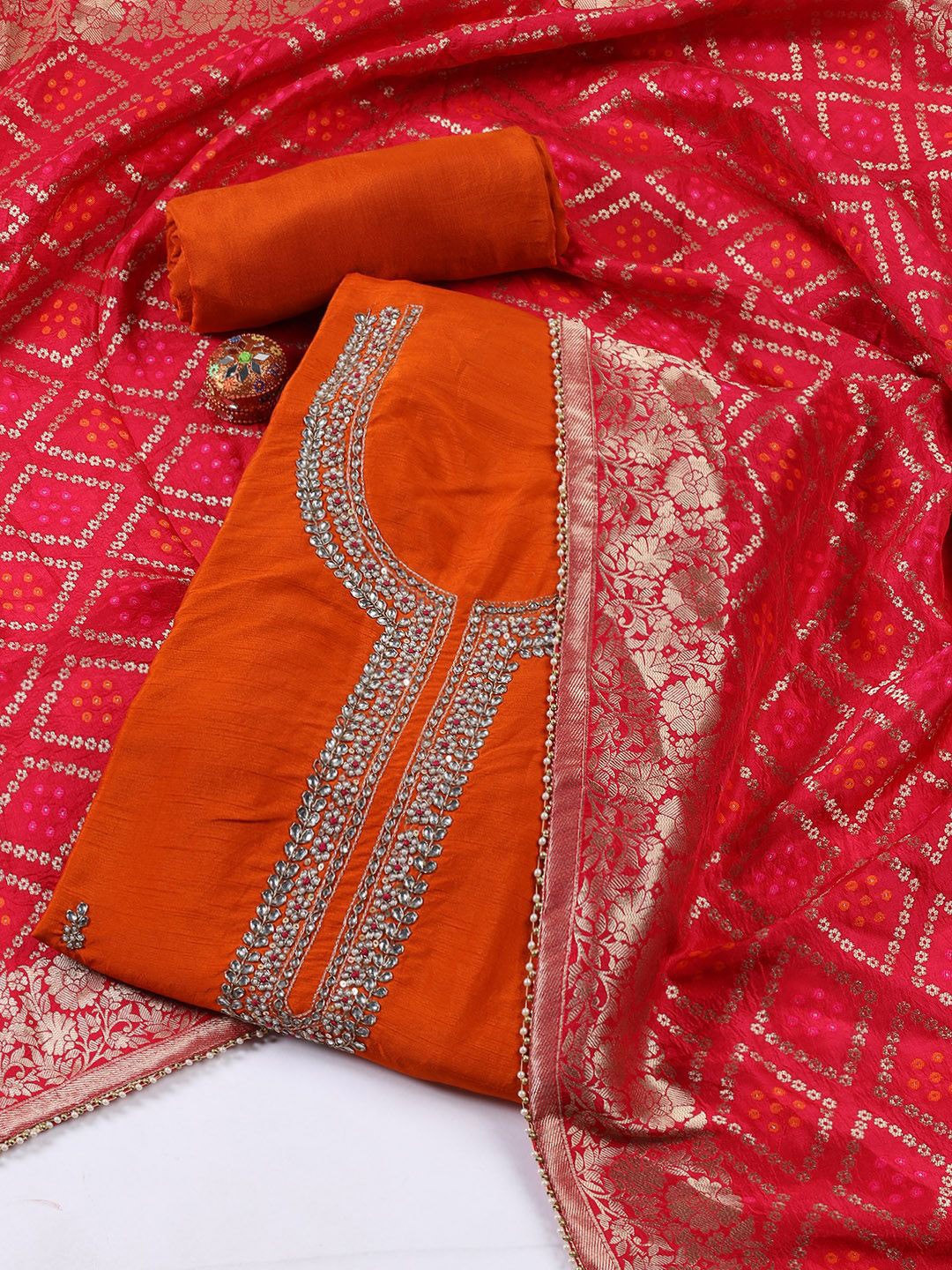 

Meena Bazaar Embroidered Art Silk Unstitched Dress Material, Orange