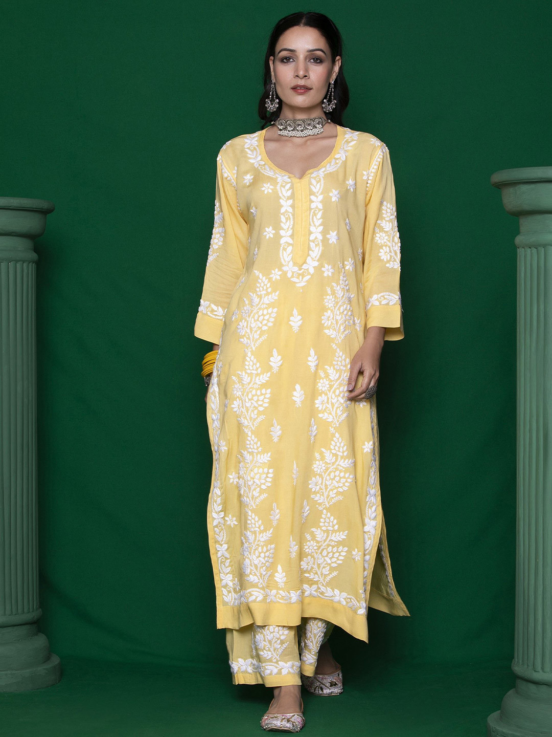 

House of Chikankari Women Floral Embroidered Regular Chikankari Kurta with Trousers, Yellow