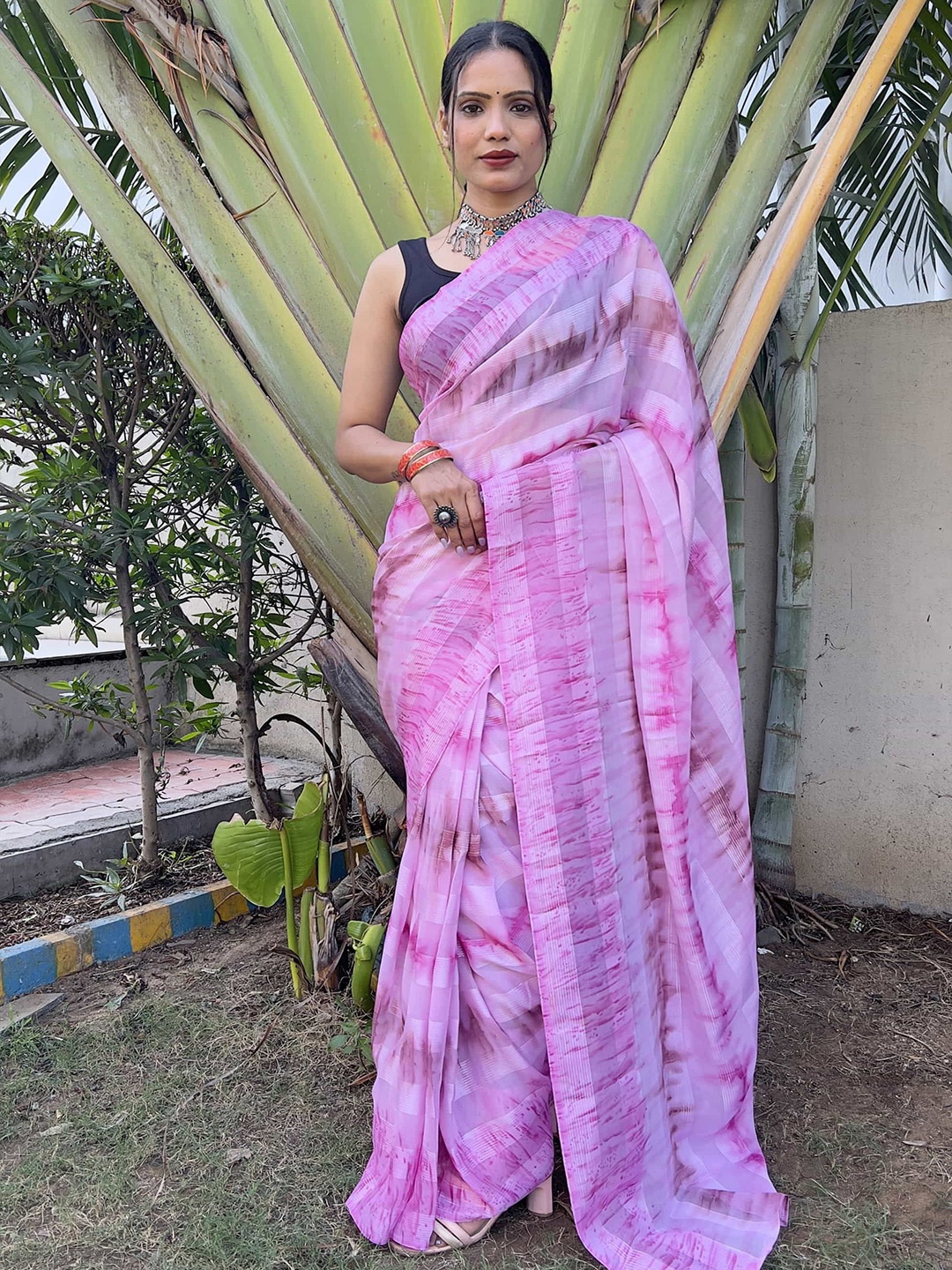 

HERE&NOW Tie and Dye Pure Chiffon Jamdani Saree, Purple