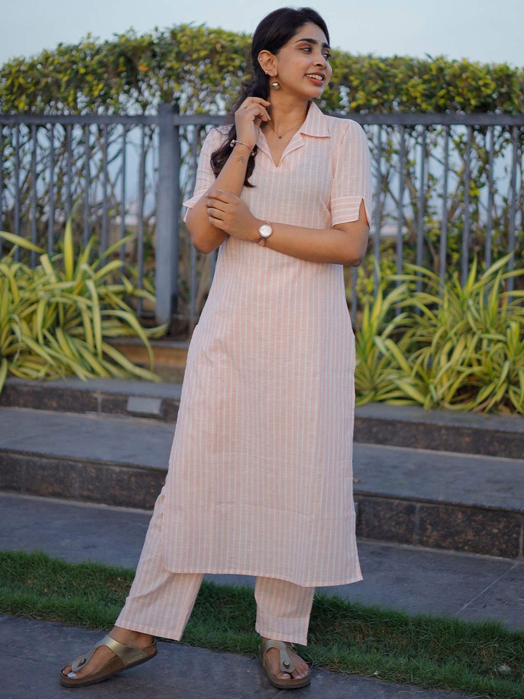 

Vastara the Label Women Striped Regular Pure Cotton Kurta with Trousers, Peach
