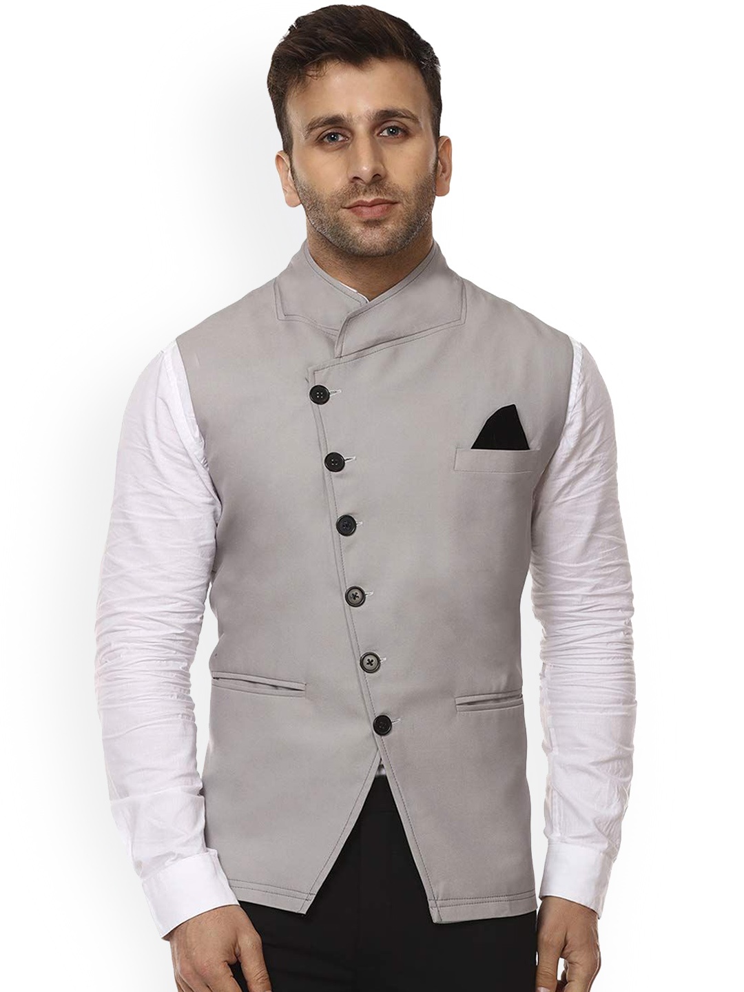 

VEERA PARIDHAAN Cotton Chinese Collar Nehru Jackets, Grey