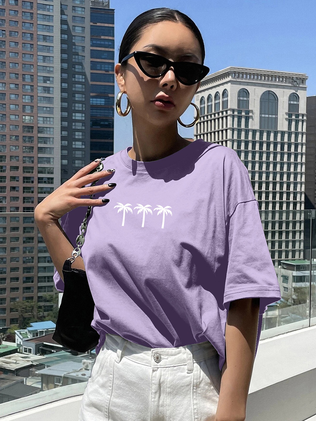 

TOGS & TERRE Women Graphic Printed Round Neck Organic Cotton Oversized T-shirt, Lavender