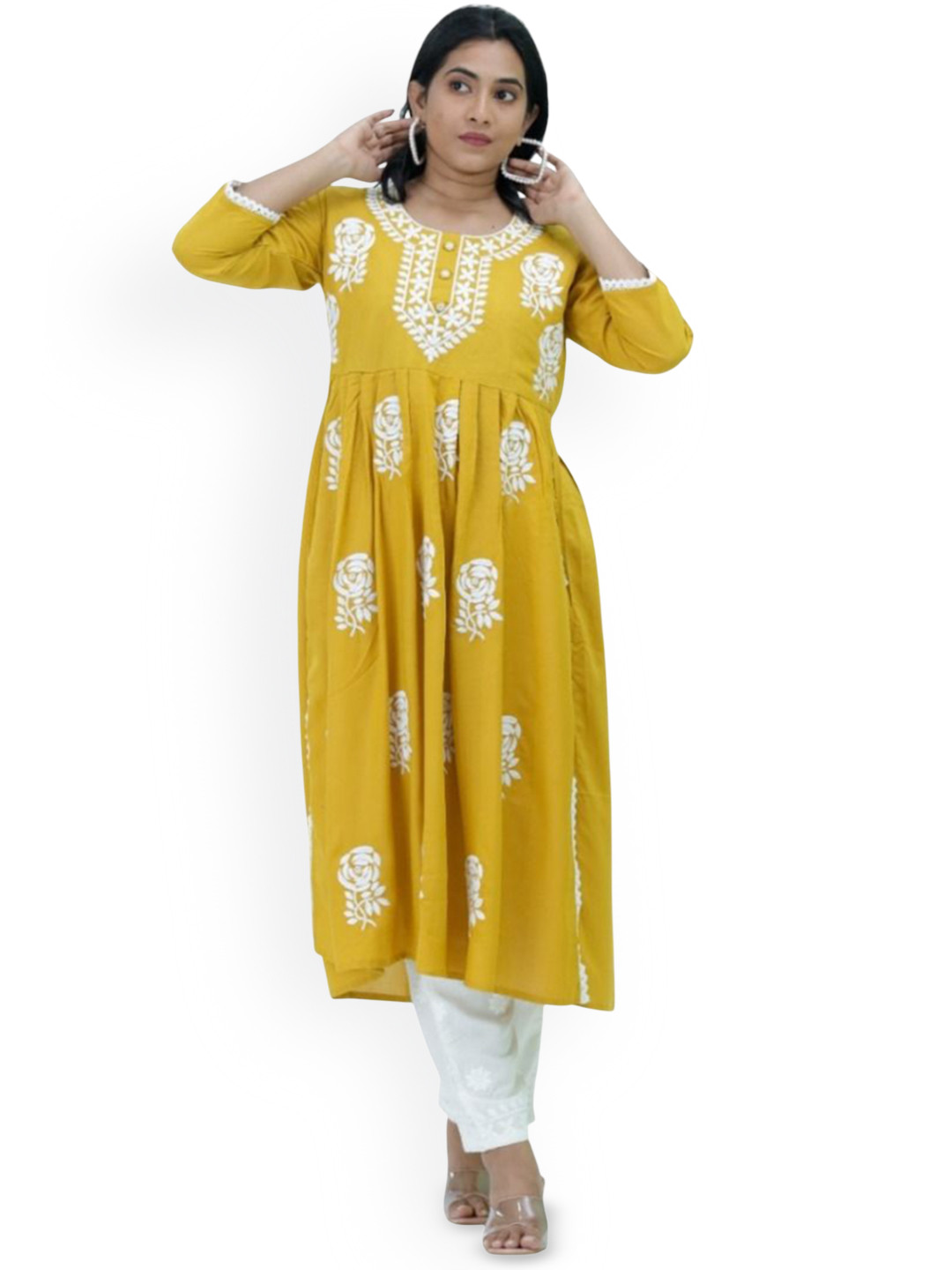 

Silselah Floral Embroidered Round Neck Pure Cotton A-Line Kurta With Trousers, Yellow