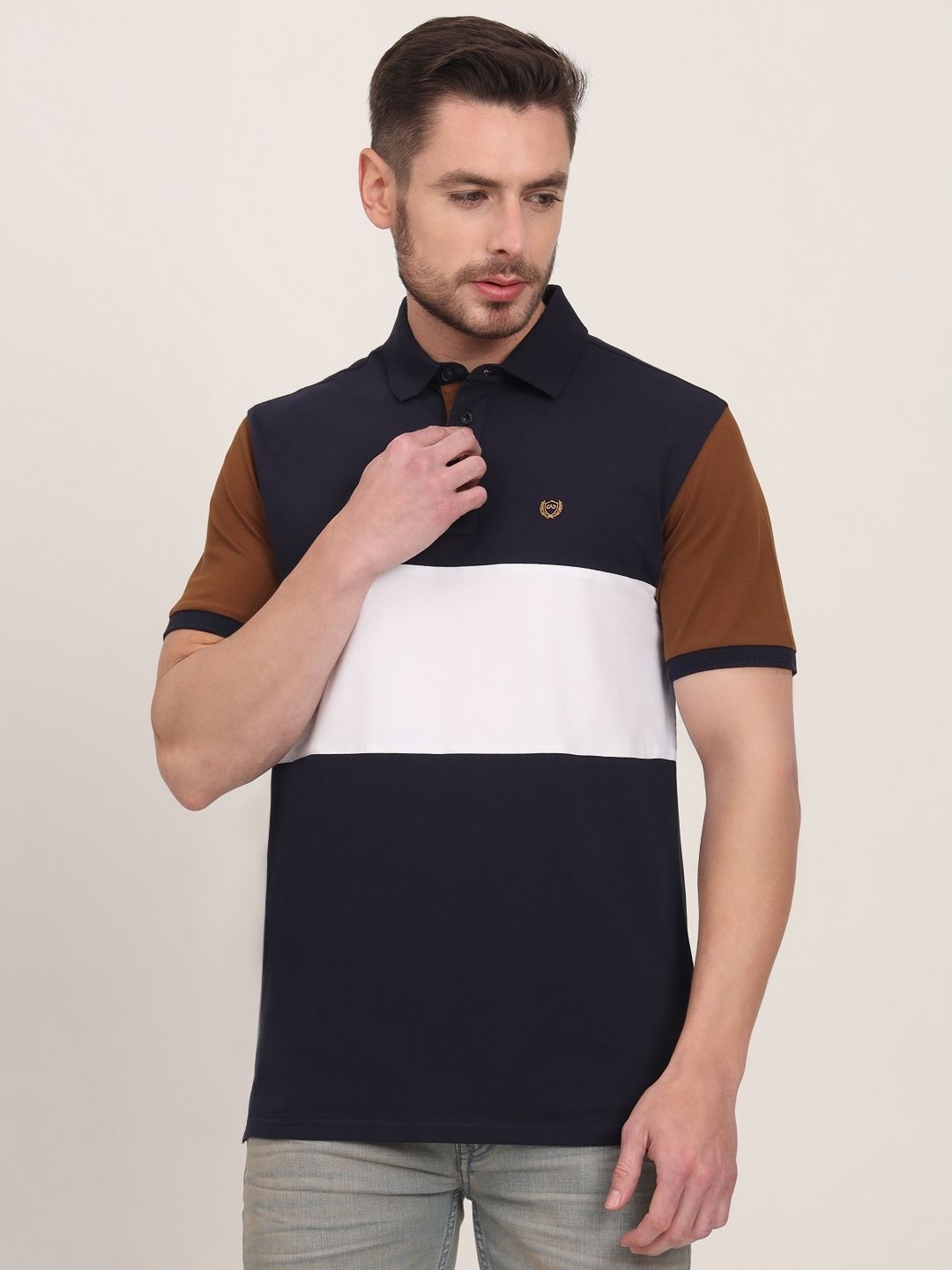 

JADE BLUE Men Striped Polo Collar Applique Slim Fit T-shirt, Multi
