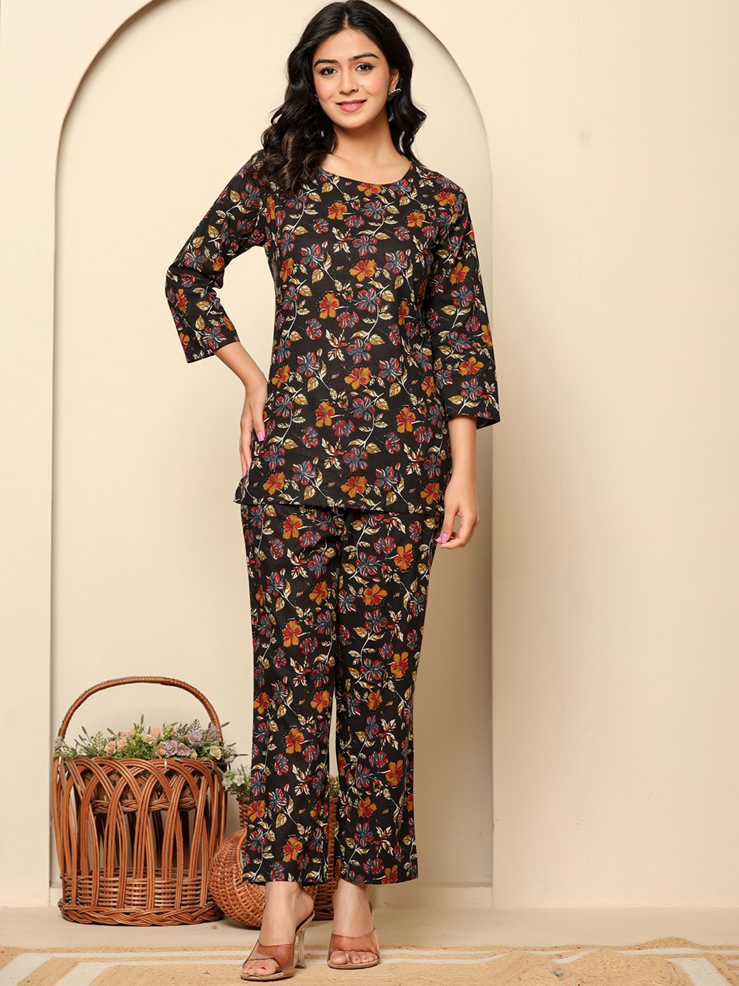

Rouhab Floral Printed Cotton Top With Trousers Co-Ords, Black