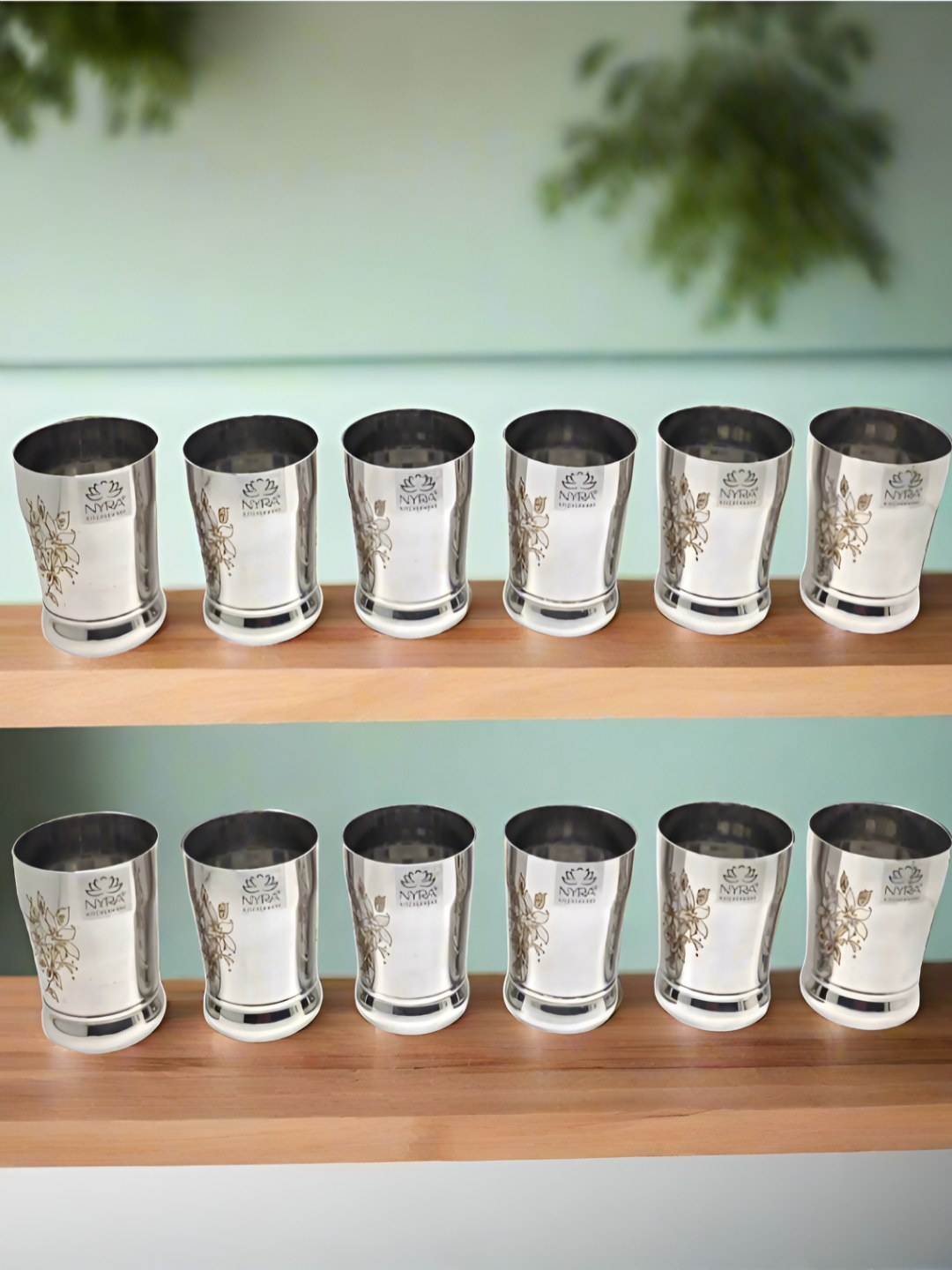 

Nyra Kitchenware Silver-Toned 12 Pieces Floral Stainless Steel Water Glasses-350 ml Each