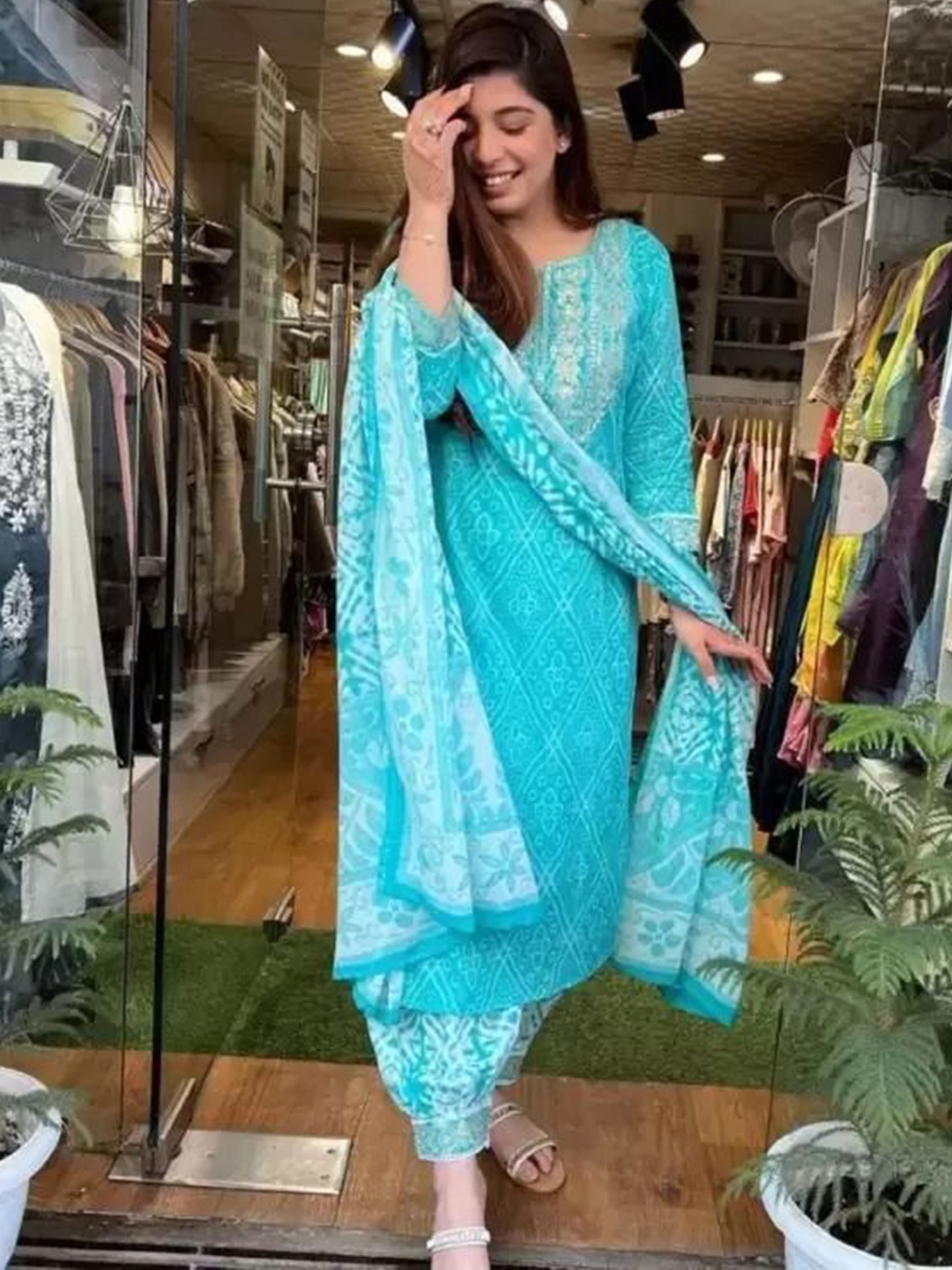 

BAESD Women Bandhani Embroidered Regular Sequinned Kurta with Trousers & With Dupatta, Blue
