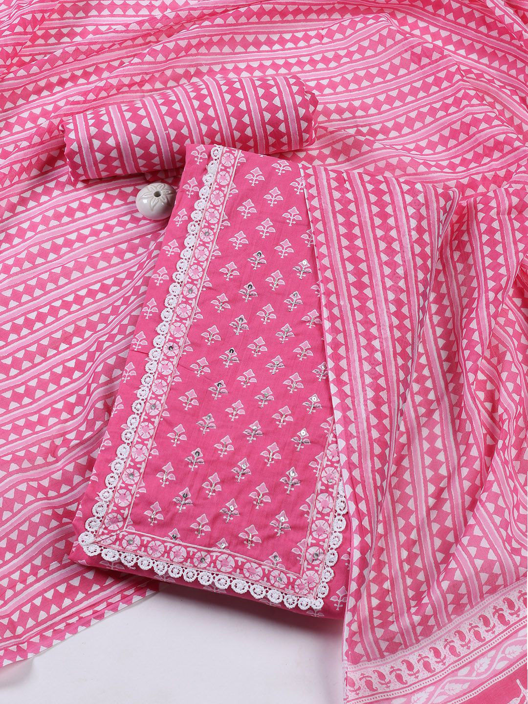 

Meena Bazaar Printed Unstitched Dress Material, Pink