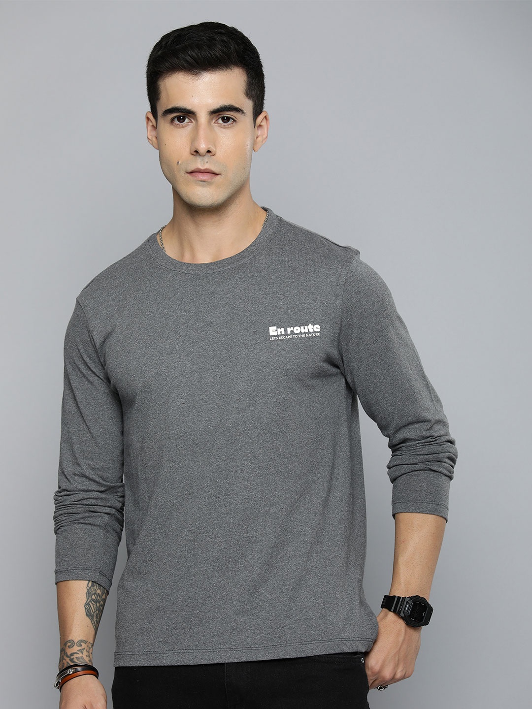 

R.Code by The Roadster Lifestyle Co. Men Graphic Printed Round Neck Cotton T-shirt, Grey