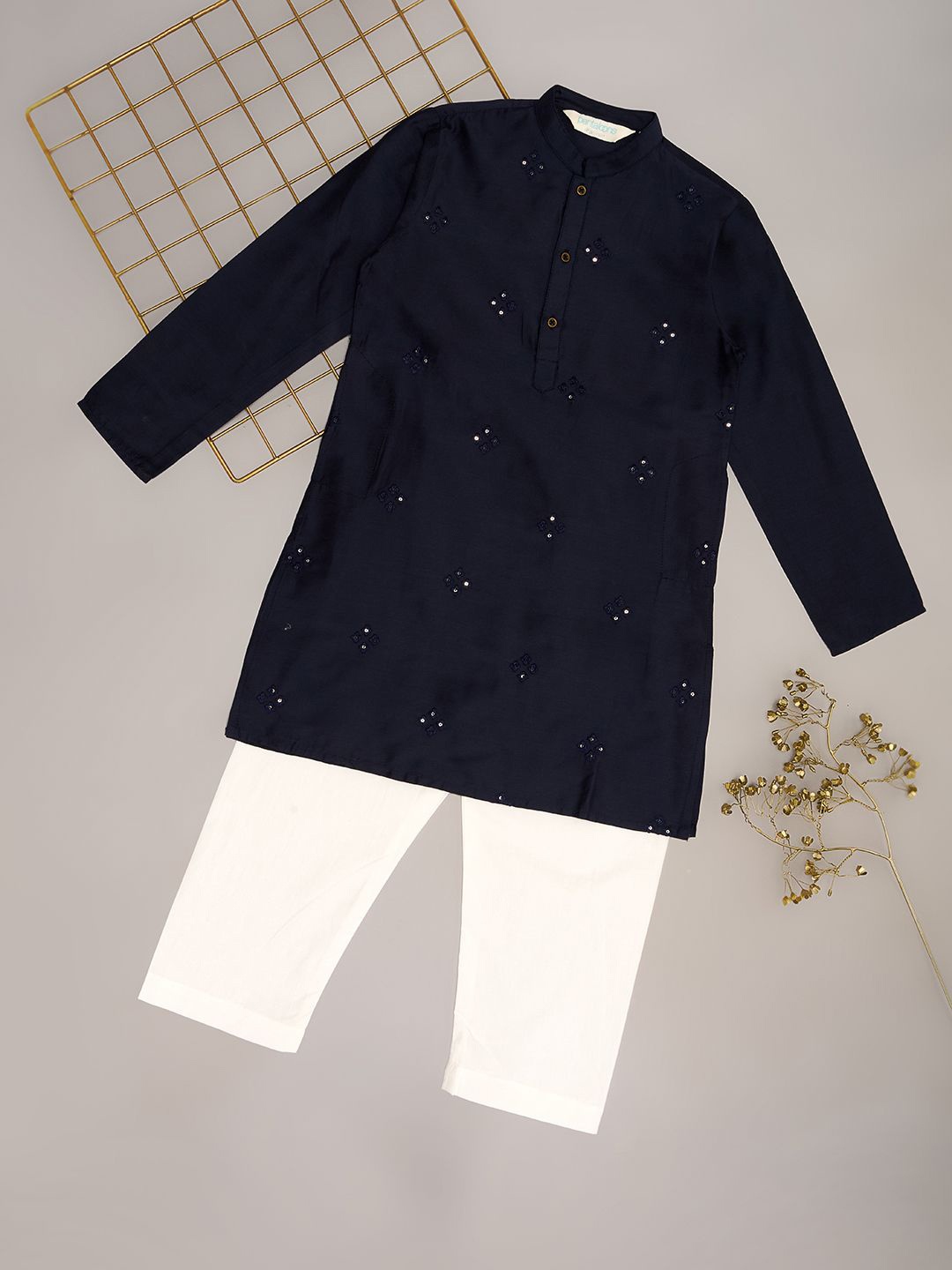 

indus route by Pantaloons Boys Embroidered Regular Mirror Work Kurta with Pyjamas, Teal