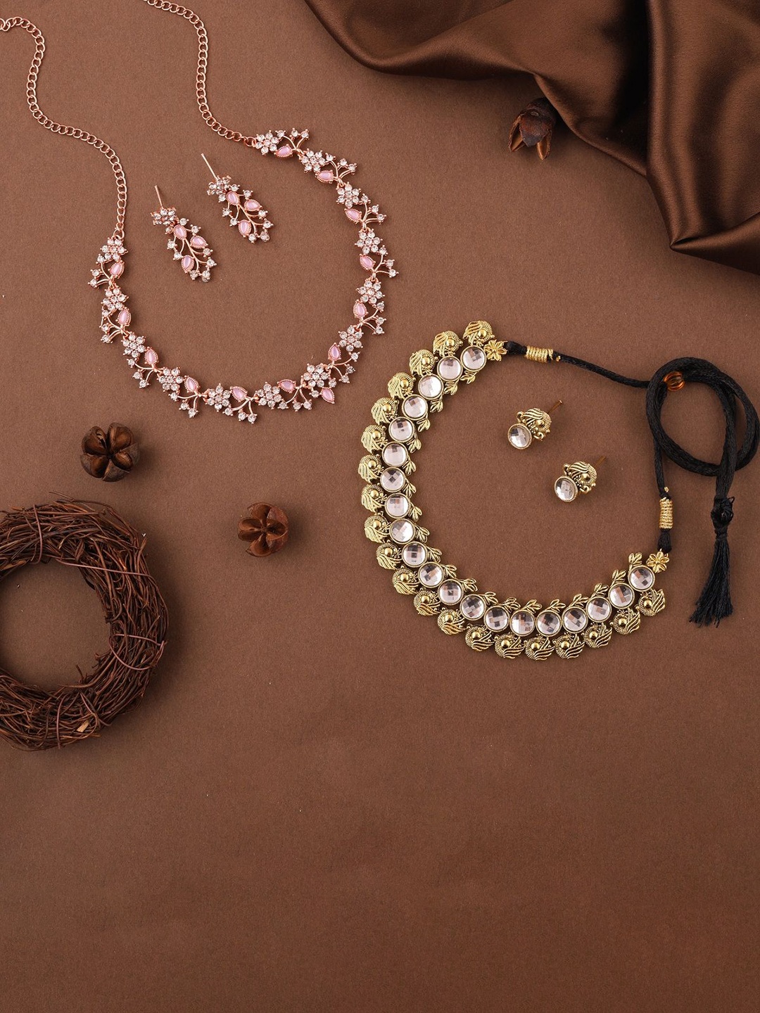 

Lyriss Set Of 2 Rose Gold & Gold-Plated American Diamond-Studded Jewellery Set