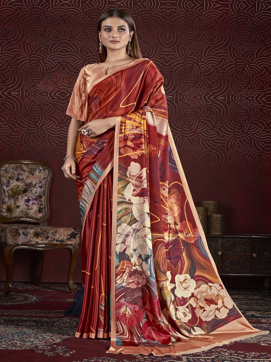 

Suha Floral Poly Crepe Saree, Red