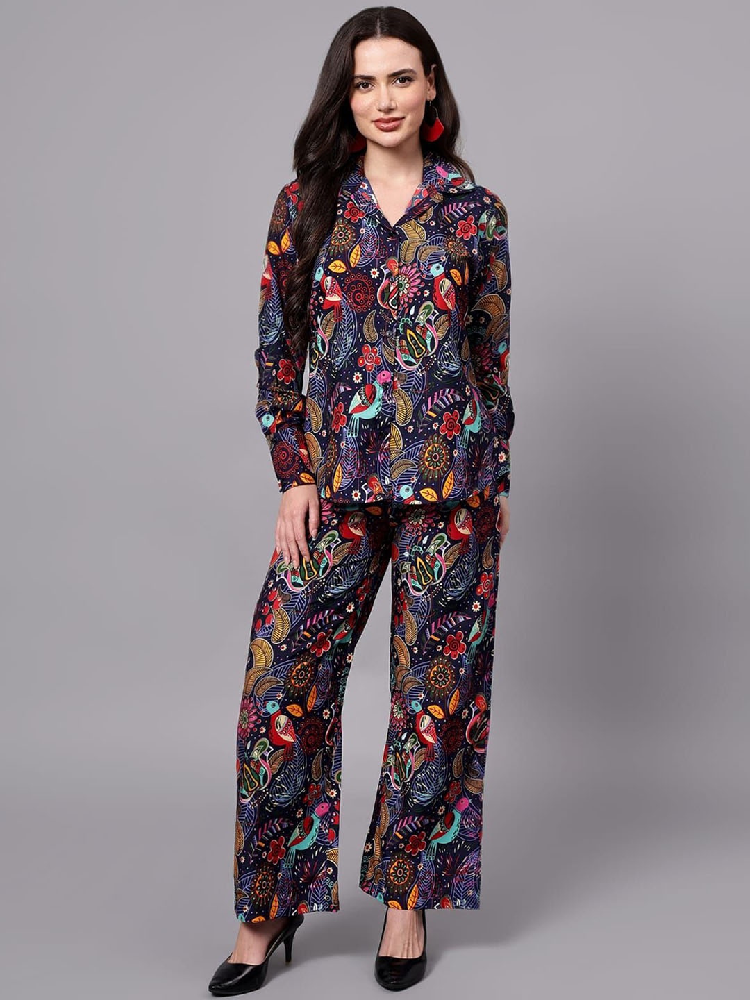 

BEACH & HILL Floral Printed Pure Cotton Shirt & Trousers Co-Ord Set, Black